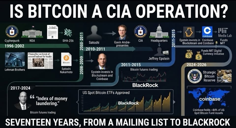 Infographic headed IS BITCOIN A CIA OPERATION? chaining the NSA, a 1996 cryptography paper, SHA-256, Satoshi, Gavin Andresen at CIA headquarters, Jeffrey Epstein, the MIT Media Lab and BlackRock across seventeen years from a mailing list to BlackRock.