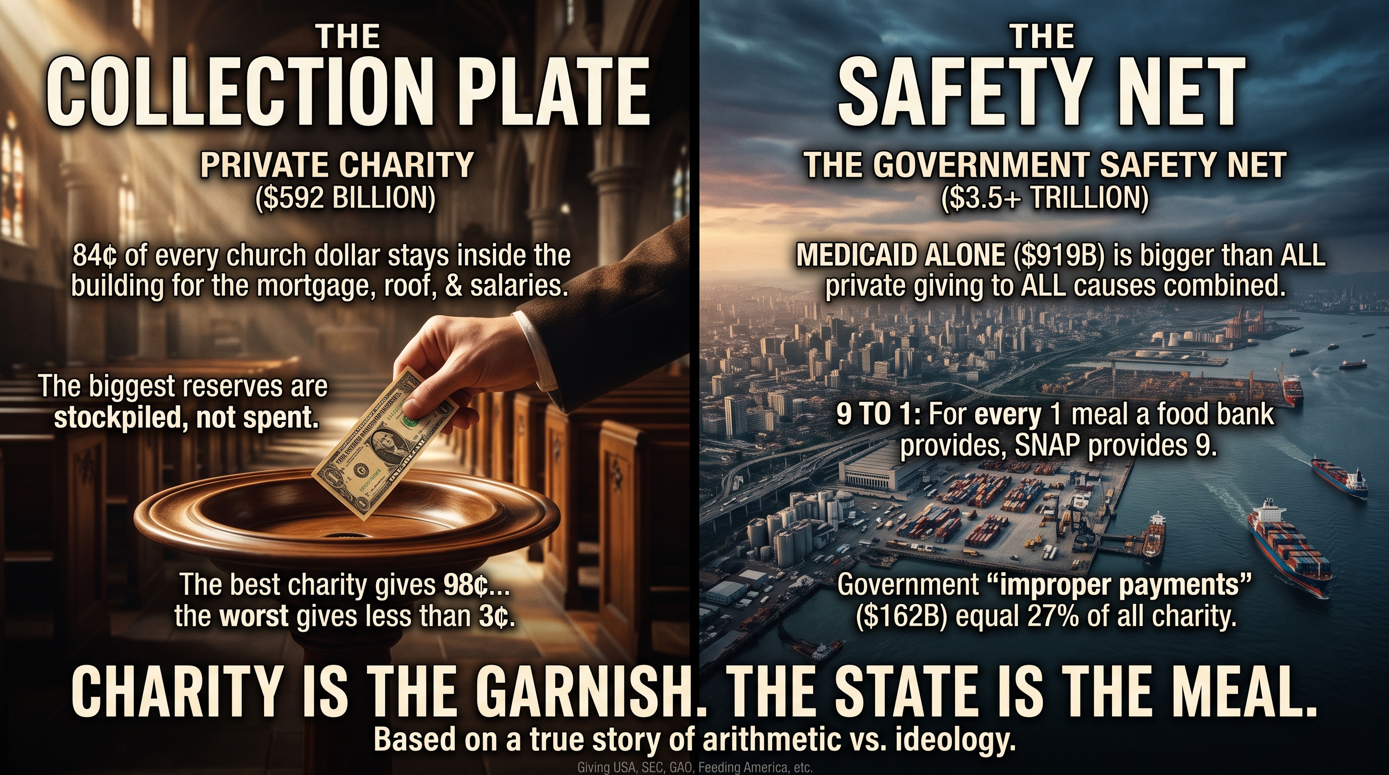 A two-panel split-screen graphic contrasting private charity with the government safety net. The left panel, titled &lsquo;THE COLLECTION PLATE &mdash; PRIVATE CHARITY ($592 BILLION),&rsquo; shows a hand dropping a dollar bill into a polished wooden collection plate in a dim, sunlit cathedral. Overlaid text reads &lsquo;84&cent; of every church dollar stays inside the building for the mortgage, roof, & salaries,&rsquo; &lsquo;The biggest reserves are stockpiled, not spent,&rsquo; and &lsquo;The best charity gives 98&cent;&hellip; the worst gives less than 3&cent;.&rsquo; The right panel, titled &lsquo;THE SAFETY NET &mdash; THE GOVERNMENT SAFETY NET ($3.5+ TRILLION),&rsquo; shows an aerial view of a sprawling city and industrial container port at dusk. Overlaid text reads &lsquo;MEDICAID ALONE ($919B) is bigger than ALL private giving to ALL causes combined,&rsquo; &lsquo;9 TO 1: For every 1 meal a food bank provides, SNAP provides 9,&rsquo; and &lsquo;Government &lsquo;improper payments&rsquo; ($162B) equal 27&percnt; of all charity.&rsquo; A gold footer banner reads &lsquo;CHARITY IS THE GARNISH. THE STATE IS THE MEAL,&rsquo; with the subtitle &lsquo;Based on a true story of arithmetic vs. ideology&rsquo; and a source line reading &lsquo;Giving USA, SEC, GAO, Feeding America, etc.&rsquo;