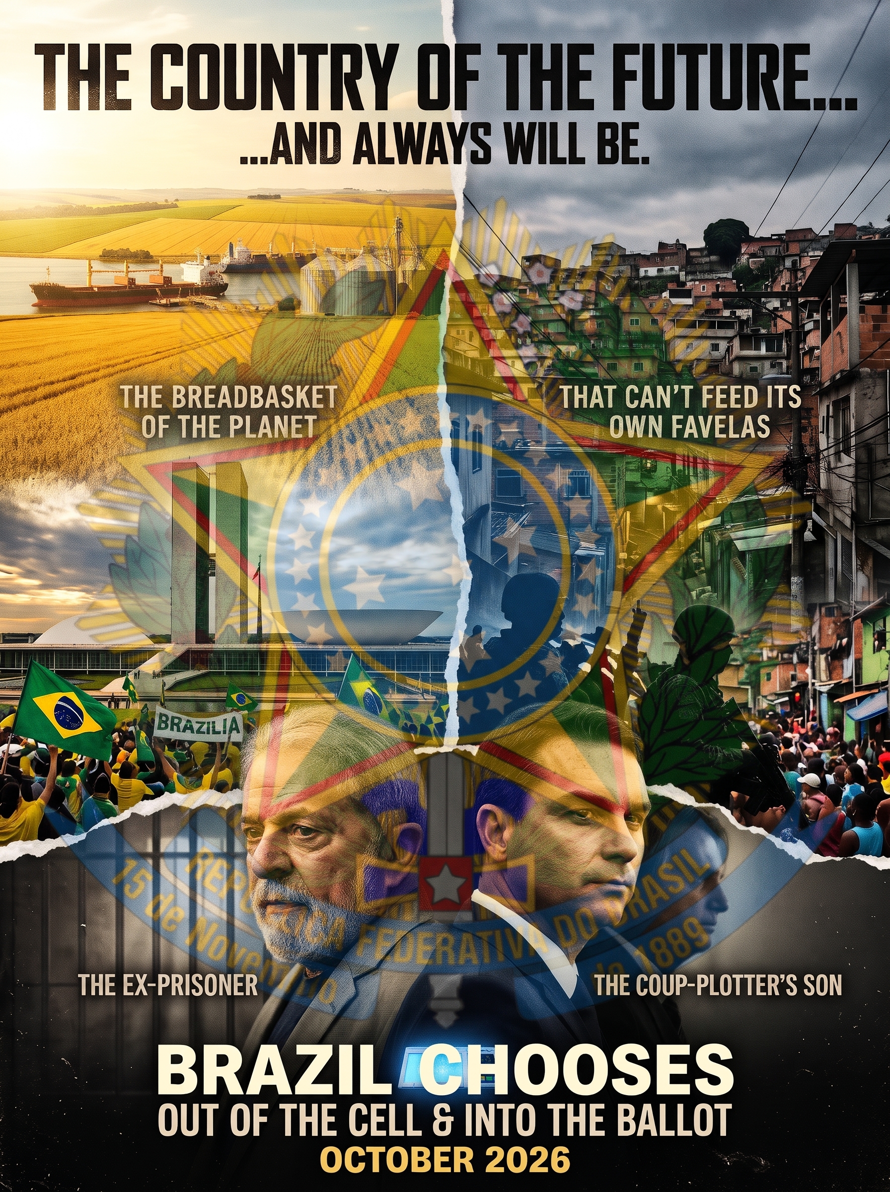 A torn-poster graphic headlined &lsquo;THE COUNTRY OF THE FUTURE&hellip; &hellip;AND ALWAYS WILL BE.&rsquo; The frame is ripped down the middle into the two Brazils. On the left, bathed in gold light, a horizon-to-horizon wheat field and a grain-ship port under the label &lsquo;THE BREADBASKET OF THE PLANET,&rsquo; with the modernist domes of Brasília&rsquo;s National Congress and a green-and-yellow flag-waving crowd below. On the right, under a gray sky, a dense hillside favela of stacked brick houses and tangled power lines labeled &lsquo;THAT CAN&rsquo;T FEED ITS OWN FAVELAS,&rsquo; with a silhouetted riot-geared soldier and a street crowd. The Brazilian national emblem and the &lsquo;República Federativa do Brasil &mdash; 15 de Novembro de 1889&rsquo; seal are ghosted across the center. At the bottom, two men in profile face away from each other: Lula on the left labeled &lsquo;THE EX-PRISONER&rsquo; and Flávio Bolsonaro on the right labeled &lsquo;THE COUP-PLOTTER&rsquo;S SON,&rsquo; divided by prison bars. Bottom banner: &lsquo;BRAZIL CHOOSES &mdash; OUT OF THE CELL & INTO THE BALLOT &mdash; OCTOBER 2026.&rsquo;