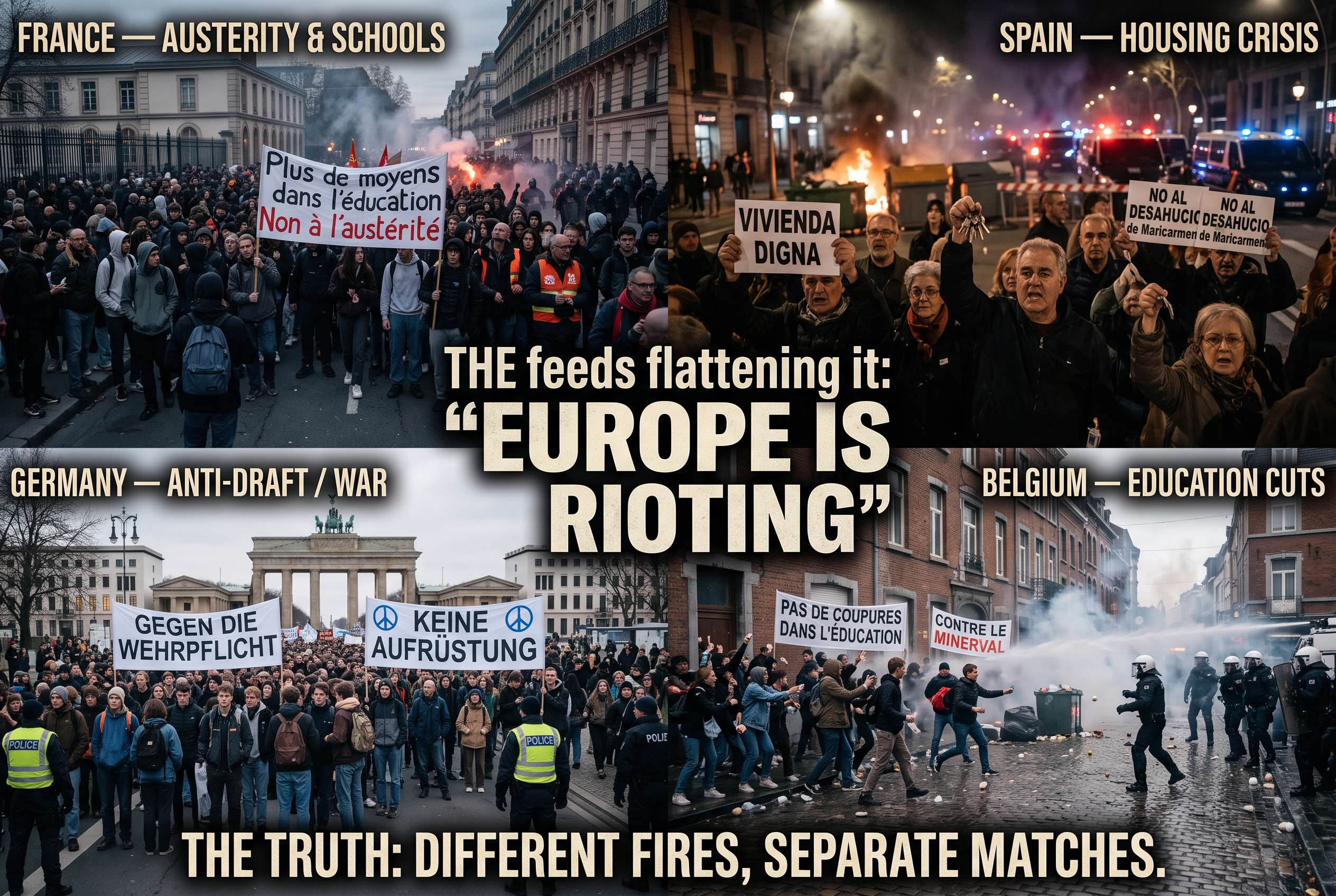 A four-panel photo meme. TOP-LEFT, labeled &lsquo;FRANCE &mdash; AUSTERITY & SCHOOLS&rsquo;: a dense crowd marches behind a banner reading &lsquo;Plus de moyens dans l&rsquo;&eacute;ducation &mdash; Non &agrave; l&rsquo;aust&eacute;rit&eacute;,&rsquo; a red flare burning at the edge. TOP-RIGHT, labeled &lsquo;SPAIN &mdash; HOUSING CRISIS&rsquo;: protesters hold signs reading &lsquo;VIVIENDA DIGNA&rsquo; and &lsquo;NO AL DESAHUCIO,&rsquo; one brandishing house keys, with a dumpster fire and riot police behind. BOTTOM-LEFT, labeled &lsquo;GERMANY &mdash; ANTI-DRAFT / WAR&rsquo;: a youth crowd at the Brandenburg Gate behind banners reading &lsquo;GEGEN DIE WEHRPFLICHT&rsquo; and &lsquo;KEINE AUFR&Uuml;STUNG,&rsquo; flanked by police. BOTTOM-RIGHT, labeled &lsquo;BELGIUM &mdash; EDUCATION CUTS&rsquo;: masked youths throw objects at riot police amid tear gas and a water cannon, past banners reading &lsquo;PAS DE COUPURES DANS L&rsquo;&Eacute;DUCATION&rsquo; and &lsquo;CONTRE LE MINERVAL.&rsquo; Centered over the panels: &lsquo;THE feeds flattening it: &ldquo;EUROPE IS RIOTING.&rdquo;&rsquo; Bottom banner: &lsquo;THE TRUTH: DIFFERENT FIRES, SEPARATE MATCHES.&rsquo;