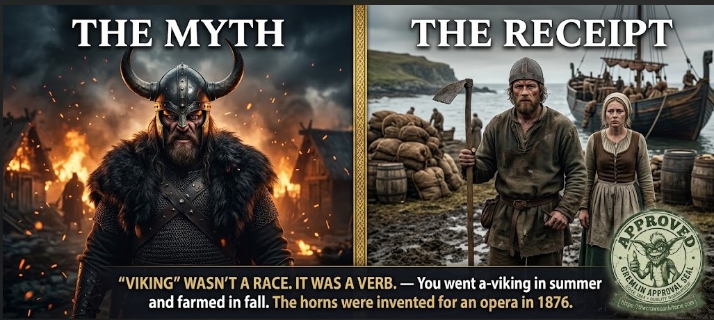 A split cinematic graphic. LEFT panel, labeled &lsquo;THE MYTH&rsquo;: a hulking, snarling warrior in a &lsquo;horned helmet&rsquo; and fur-and-leather armor glowers in front of a burning village, lit like a movie poster in orange firelight and flying embers. RIGHT panel, labeled &lsquo;THE RECEIPT&rsquo;: the same kind of man in a plain iron cap and muddy wool tunic stands in a wet field holding a wood-hafted hoe beside his wife, with sacks of walrus hides, barrels of trade goods, and a beached cargo ship and crew behind them under a gray northern sky. A gold center seam divides the two halves. Bottom caption: &lsquo;VIKING&rsquo; WASN&rsquo;T A RACE. IT WAS A VERB. &mdash; You went a-viking in summer and farmed in fall. The horns were invented for an opera in 1876. A circular Gremlin Approval Seal from thecrowncanbiteme.com sits in the lower-right corner.