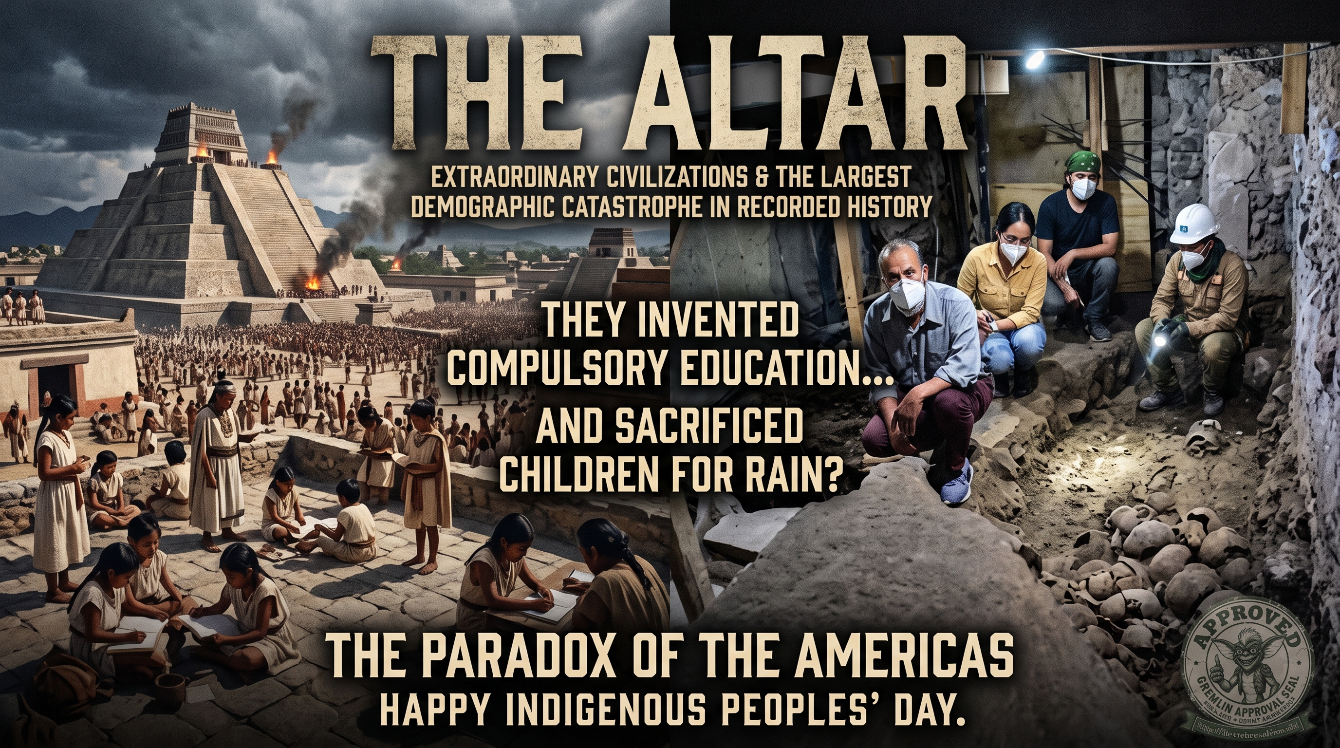 A split-composition graphic titled &lsquo;THE ALTAR &mdash; Extraordinary Civilizations & the Largest Demographic Catastrophe in Recorded History.&rsquo; Left side shows a Mesoamerican stepped pyramid complex with smoke rising from temple fires, crowds gathered below, and children sitting cross-legged studying from stone tablets under instruction &mdash; depicting compulsory education. Right side shows modern archaeologists in hard hats and masks excavating a mass grave site filled with human skulls and bones. Center text reads &lsquo;They Invented Compulsory Education&hellip; and Sacrificed Children for Rain?&rsquo; Bottom banner: &lsquo;The Paradox of the Americas &mdash; Happy Indigenous Peoples&rsquo; Day.&rsquo; A &lsquo;Gremlin Approval Seal&rsquo; stamp from thecrowncanbiteme.com sits in the lower-right corner.