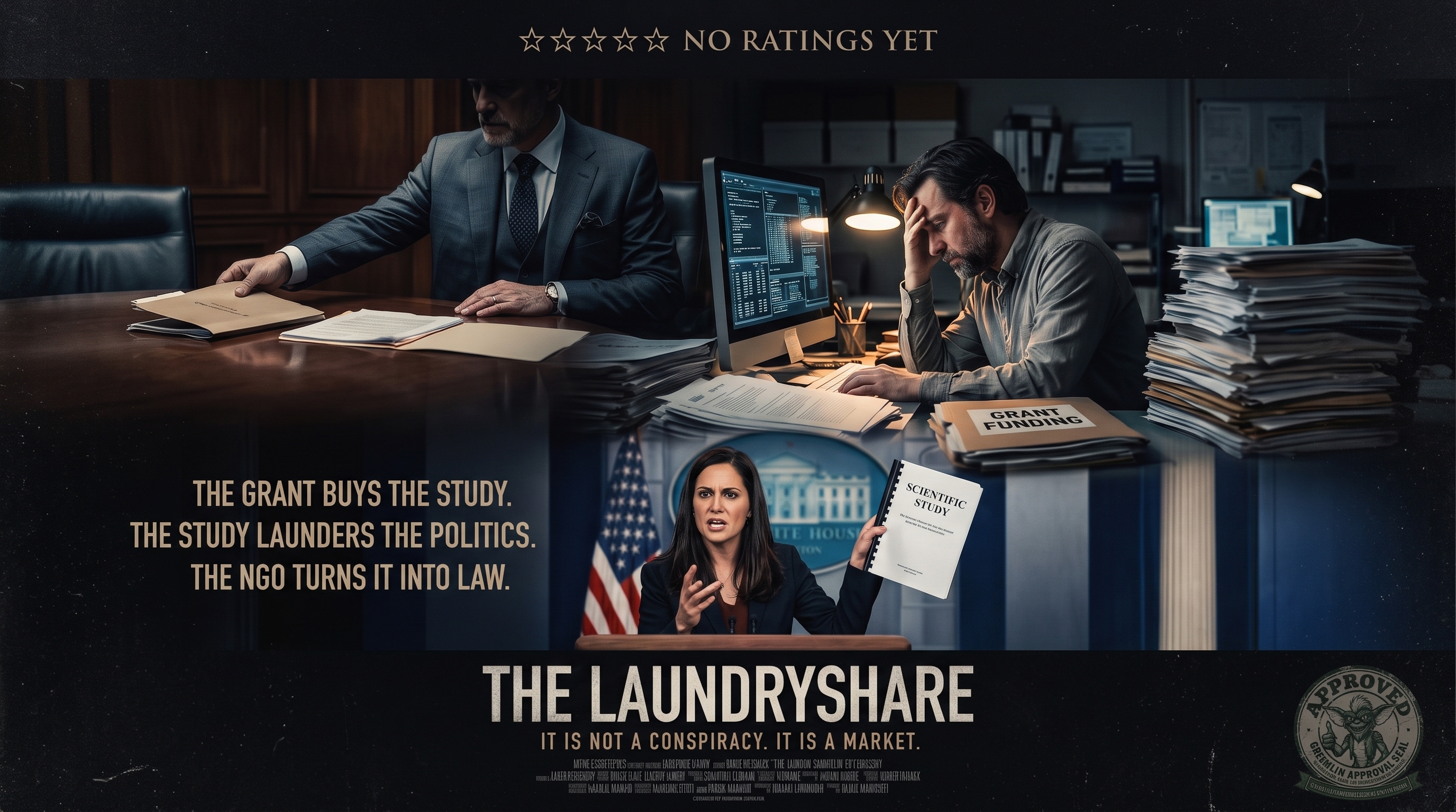 A movie-poster graphic headed &lsquo;☆☆☆☆☆ NO RATINGS YET&rsquo; and titled &lsquo;THE LAUNDRYSHARE &mdash; IT IS NOT A CONSPIRACY. IT IS A MARKET.&rsquo; A split scene: on the left, a suited man in a wood-paneled office slides a manila folder across a desk; on the right, a weary researcher slumps at a computer beside towering stacks of paper and a folder marked &lsquo;GRANT FUNDING.&rsquo; Below, a press-briefing podium where a spokeswoman holds up a bound &lsquo;SCIENTIFIC STUDY.&rsquo; Tagline reads &lsquo;The grant buys the study. The study launders the politics. The NGO turns it into law.&rsquo; Stamped with a Gremlin &lsquo;Approved&rsquo; seal.