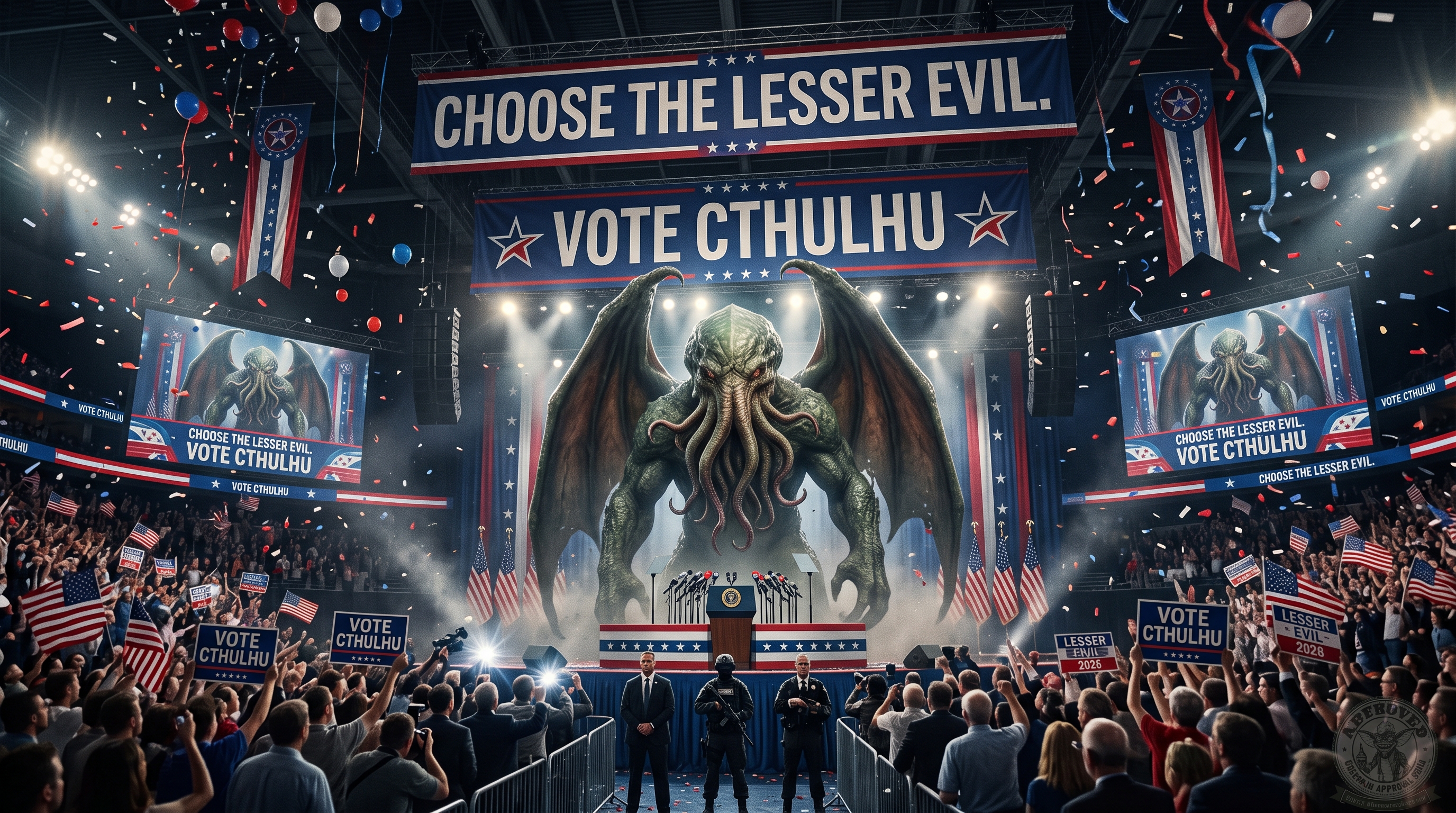 A packed political convention arena under confetti and balloons. A giant banner reads &lsquo;CHOOSE THE LESSER EVIL.&rsquo; Below it, a second banner and two jumbotrons read &lsquo;VOTE CTHULHU,&rsquo; with the tentacled monster looming over the stage behind the presidential podium as the crowd waves flags and &lsquo;VOTE CTHULHU&rsquo; signs. A circular &lsquo;Gremlin Approval Seal&rsquo; is stamped in the lower right.