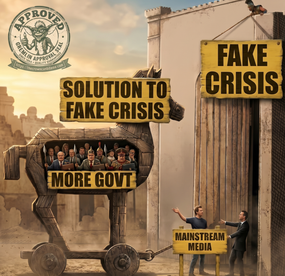 Satirical illustration: two men in casual and business dress, labeled &lsquo;MAINSTREAM MEDIA,&rsquo; haul a large wooden Trojan horse toward a city gate. The horse carries two signs &mdash; &lsquo;SOLUTION TO FAKE CRISIS&rsquo; across its body and &lsquo;MORE GOVT&rsquo; on a banner beneath its belly, where a row of grim cartoon government and military officials in suits and uniforms sit hidden inside. Above the gate hang two large yellow signs reading &lsquo;FAKE CRISIS,&rsquo; and a lone guard peers down from the wall. Upper left bears a circular &lsquo;Gremlin Approval Seal.&rsquo;