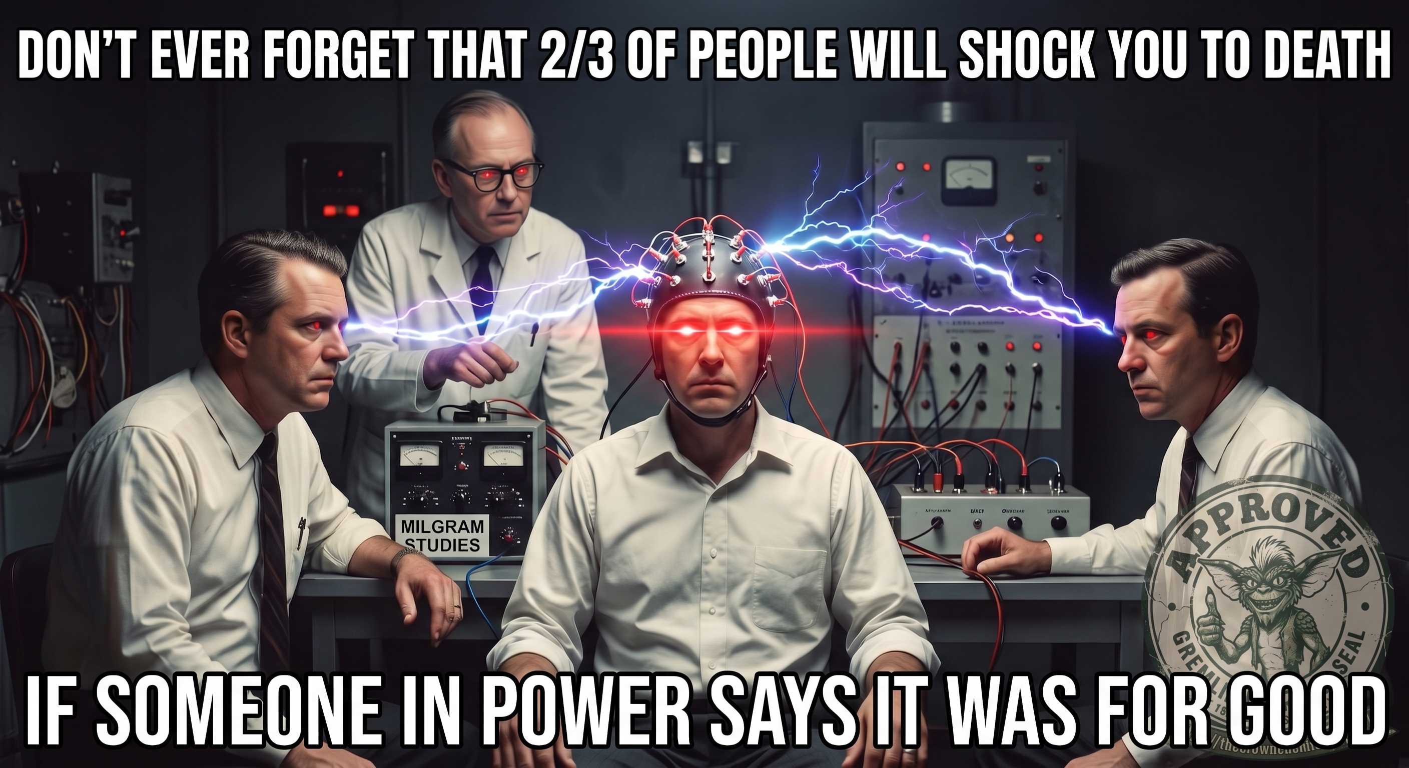 Milgram-studies meme: three white-shirted researchers and a lab-coated scientist wire a seated man into an electrode cap crackling with electricity, stamped with a Gremlin &lsquo;Approved&rsquo; seal. Top text: &lsquo;Don&rsquo;t ever forget that 2/3 of people will shock you to death&rsquo; — bottom text: &lsquo;if someone in power says it was for good.&rsquo;