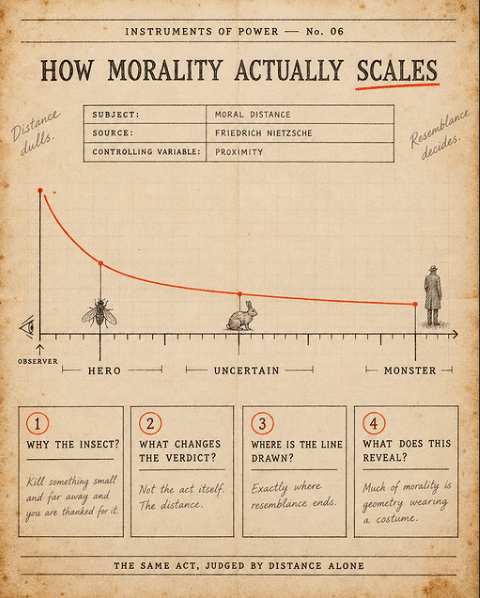 A sepia, old-instrument-manual infographic titled &lsquo;INSTRUMENTS OF POWER &mdash; No. 06: HOW MORALITY ACTUALLY SCALES.&rsquo; A data table lists SUBJECT: Moral Distance; SOURCE: Friedrich Nietzsche; CONTROLLING VARIABLE: Proximity. A red curve decays steeply from left to right across a horizontal axis marked, from near to far, OBSERVER, HERO, UNCERTAIN, MONSTER, with small engravings of a fly (near), a rabbit (middle), and a distant human figure (far) beneath it. Handwritten margin notes read &lsquo;Distance dulls&rsquo; and &lsquo;Resemblance decides.&rsquo; Four numbered boxes at the bottom ask: (1) Why the insect? &mdash; Kill something small and far away and you are thanked for it. (2) What changes the verdict? &mdash; Not the act itself. The distance. (3) Where is the line drawn? &mdash; Exactly where resemblance ends. (4) What does this reveal? &mdash; Much of morality is geometry wearing a costume. Footer: THE SAME ACT, JUDGED BY DISTANCE ALONE.