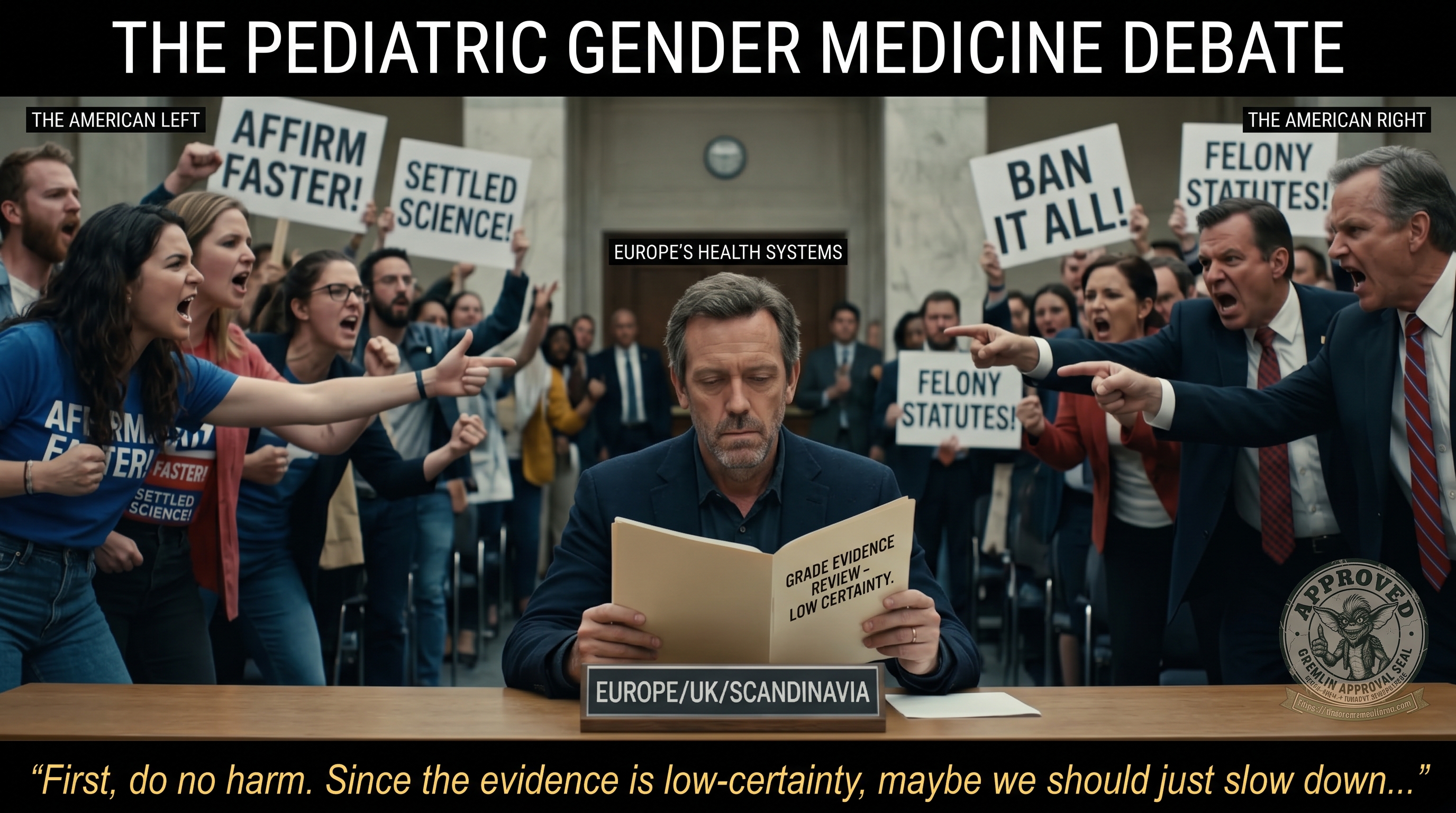 A wide cinematic graphic titled &lsquo;THE PEDIATRIC GENDER MEDICINE DEBATE.&rsquo; In a marble hearing room, two mobs scream across the aisle. On the left, labeled &lsquo;THE AMERICAN LEFT,&rsquo; a crowd in blue points and shouts, holding signs reading &lsquo;AFFIRM FASTER!&rsquo; and &lsquo;SETTLED SCIENCE!&rsquo; On the right, labeled &lsquo;THE AMERICAN RIGHT,&rsquo; a crowd in red points and shouts, holding signs reading &lsquo;BAN IT ALL!&rsquo; and &lsquo;FELONY STATUTES!&rsquo; Seated calmly between them at a desk nameplated &lsquo;EUROPE/UK/SCANDINAVIA&rsquo; and labeled &lsquo;EUROPE&rsquo;S HEALTH SYSTEMS,&rsquo; a greying clinician reads a folder marked &lsquo;GRADE EVIDENCE REVIEW &mdash; LOW CERTAINTY,&rsquo; ignoring both mobs. Bottom caption: &lsquo;First, do no harm. Since the evidence is low-certainty, maybe we should just slow down&hellip;&rsquo; Stamped with a Gremlin Approval Seal.