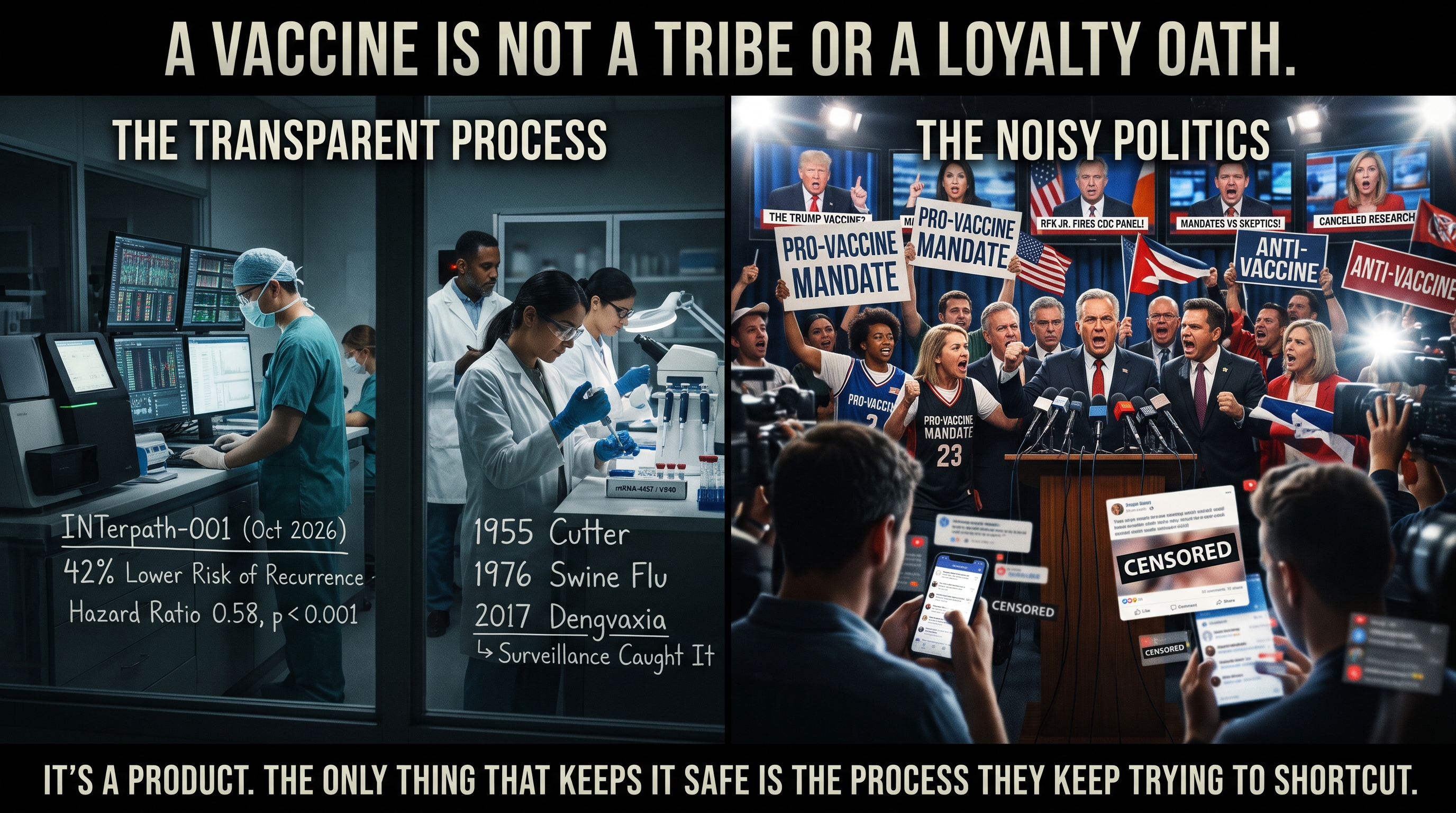 A split-panel graphic titled &lsquo;A VACCINE IS NOT A TRIBE OR A LOYALTY OATH.&rsquo; On the left, &lsquo;THE TRANSPARENT PROCESS&rsquo; &mdash; lab technicians working at microscopes and sequencers, labeled with the INTerpath-001 melanoma-vaccine result (Oct 2026, 42% lower risk of recurrence, hazard ratio 0.58, p < 0.001) and a timeline of the failures surveillance caught: 1955 Cutter, 1976 Swine Flu, 2017 Dengvaxia. On the right, &lsquo;THE NOISY POLITICS&rsquo; &mdash; a chaotic press scrum with dueling PRO-VACCINE MANDATE and ANTI-VACCINE signs, cameras, TV chyrons reading &lsquo;THE TRUMP VACCINE?&rsquo; and &lsquo;RFK JR. FIRES CDC PANEL,&rsquo; and phones showing CENSORED social posts. Bottom caption: &lsquo;IT&rsquo;S A PRODUCT. THE ONLY THING THAT KEEPS IT SAFE IS THE PROCESS THEY KEEP TRYING TO SHORTCUT.&rsquo;
