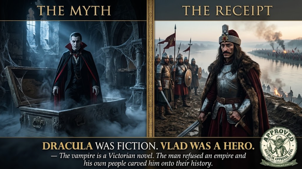 A split cinematic graphic. LEFT panel, labeled &lsquo;THE MYTH&rsquo;: a pale, theatrical vampire count in a high-collared black cape rising from a coffin in a cobwebbed crypt, lit in cold blue moonlight with fog curling at his feet &mdash; the Hollywood Dracula, pure gothic fiction. RIGHT panel, labeled &lsquo;THE RECEIPT&rsquo;: a real 15th-century Wallachian warrior-prince in lacquered plate and a fur-trimmed red cloak, pearl-studded cap, long dark hair and mustache, standing on a muddy Danube rampart at dawn with a drawn sword, his boyars and spearmen behind him and an enormous Ottoman army massed on the far bank under smoke. A gold center seam divides the two halves. Bottom caption: &lsquo;DRACULA WAS FICTION. VLAD WAS A HERO. &mdash; The vampire is a Victorian novel. The man refused an empire and his own people carved him onto their history.&rsquo; A circular Gremlin Approval Seal from thecrowncanbiteme.com sits in the lower-right corner.