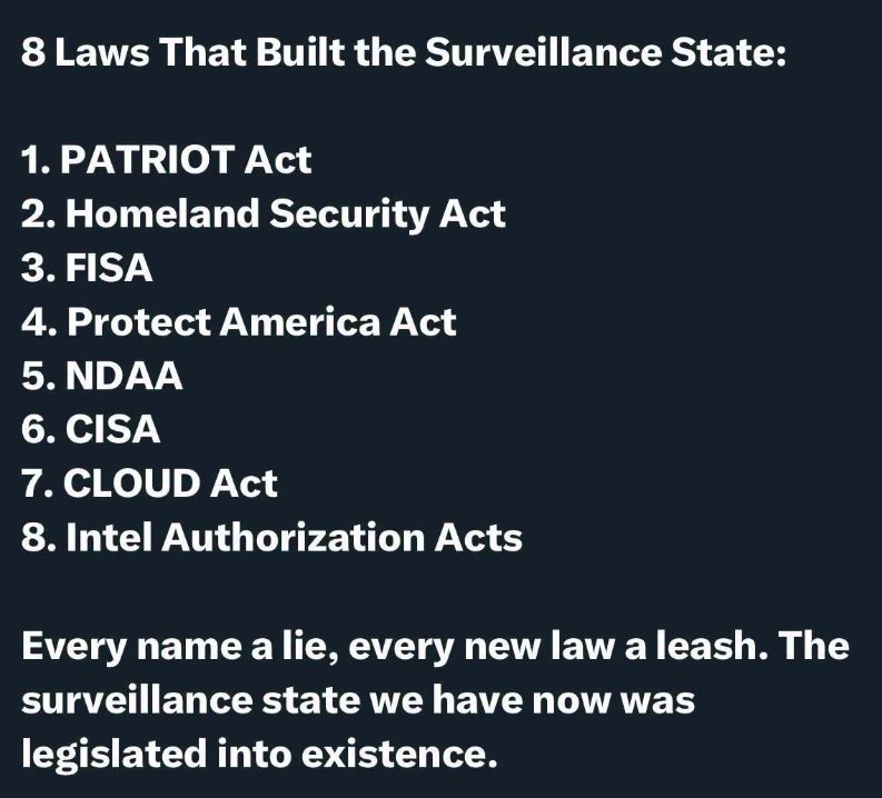A dark slate graphic headed &lsquo;8 Laws That Built the Surveillance State,&rsquo; listing in order: 1. PATRIOT Act, 2. Homeland Security Act, 3. FISA, 4. Protect America Act, 5. NDAA, 6. CISA, 7. CLOUD Act, 8. Intel Authorization Acts. Bottom caption: &lsquo;Every name a lie, every new law a leash. The surveillance state we have now was legislated into existence.&rsquo;