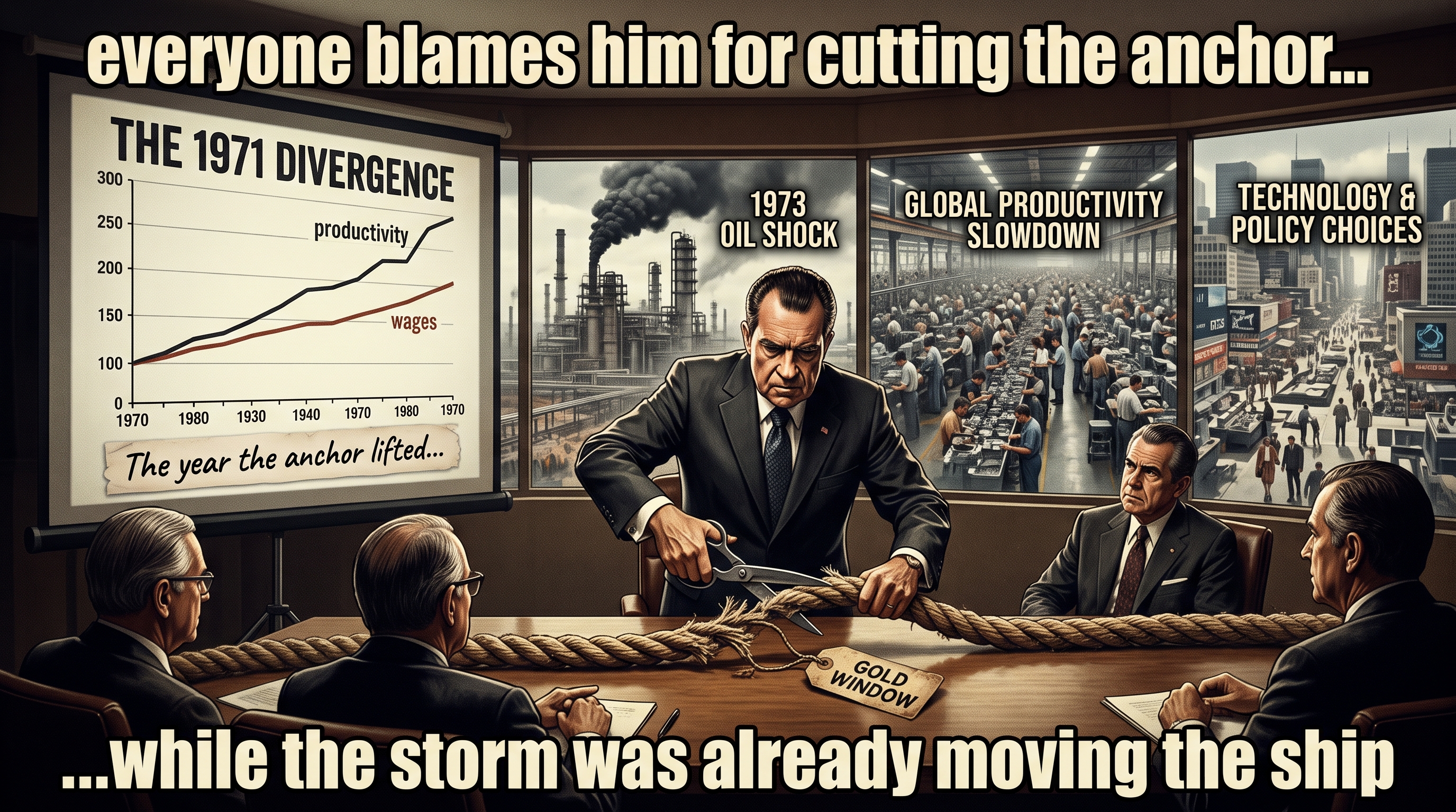 A boardroom illustration captioned &lsquo;everyone blames him for cutting the anchor&hellip; while the storm was already moving the ship.&rsquo; Richard Nixon sits at a conference table using scissors to cut a thick rope tagged &lsquo;GOLD WINDOW,&rsquo; while grim advisers look on. On a projector screen to the left, a line chart titled &lsquo;THE 1971 DIVERGENCE&rsquo; shows a productivity line rising above a wages line, labeled &lsquo;The year the anchor lifted.&rsquo; Three windows behind him show the other real causes: a smokestack refinery marked &lsquo;1973 OIL SHOCK,&rsquo; a crowded factory floor marked &lsquo;GLOBAL PRODUCTIVITY SLOWDOWN,&rsquo; and a modern city street marked &lsquo;TECHNOLOGY & POLICY CHOICES.&rsquo;