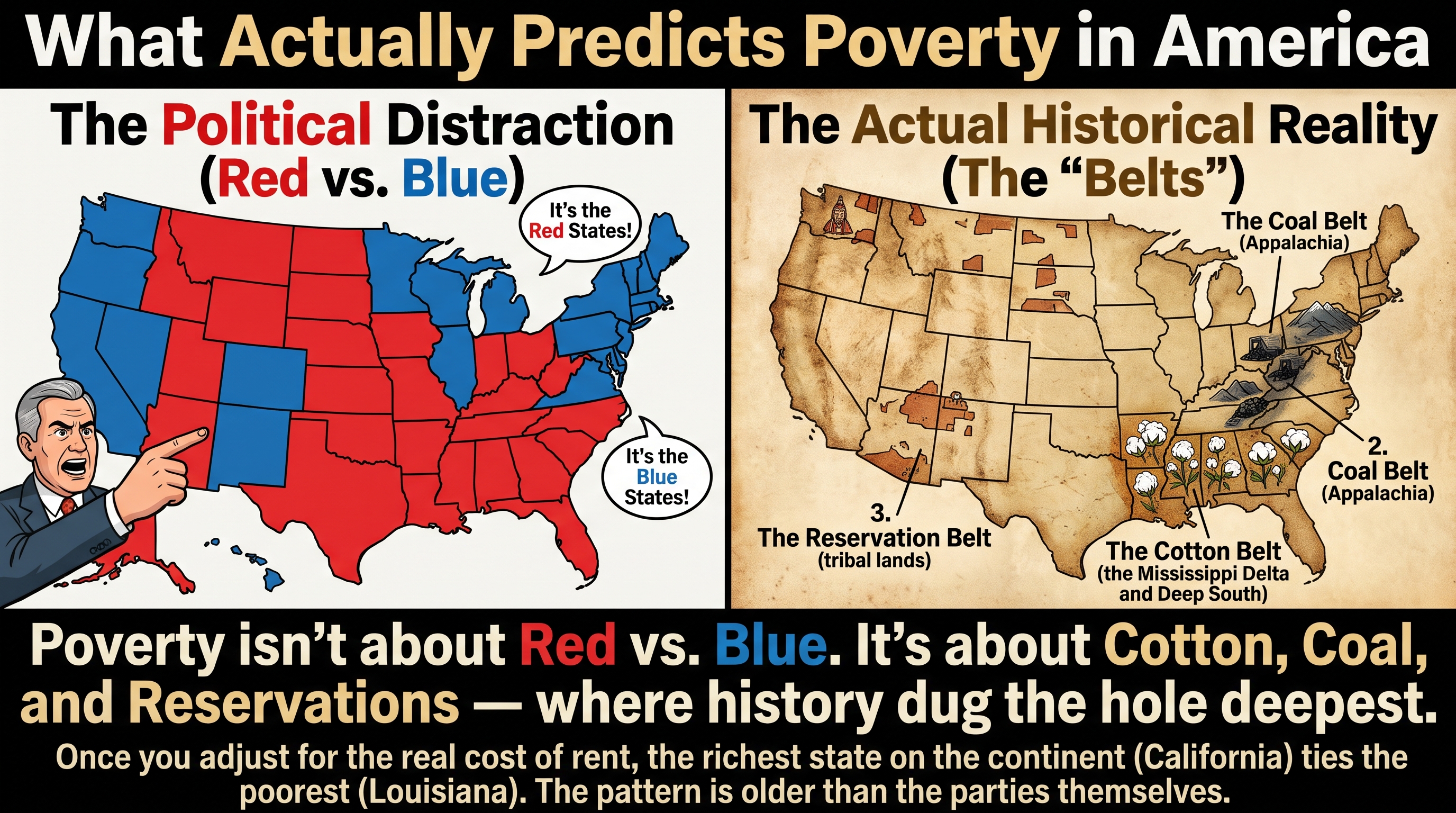A two-panel graphic headlined &lsquo;What Actually Predicts Poverty in America.&rsquo; LEFT panel, &lsquo;The Political Distraction (Red vs. Blue)&rsquo;: a US electoral map colored red and blue, with a caricatured pundit pointing and two speech bubbles reading &lsquo;It&rsquo;s the Red States!&rsquo; and &lsquo;It&rsquo;s the Blue States!&rsquo; RIGHT panel, &lsquo;The Actual Historical Reality (The &ldquo;Belts&rdquo;)&rsquo;: an aged parchment map of the US marking three regions &mdash; the Coal Belt (Appalachia) with mountains and coal, the Cotton Belt (the Mississippi Delta and Deep South) with cotton bolls, and the Reservation Belt (tribal lands) in the Southwest. A bottom banner reads &lsquo;Poverty isn&rsquo;t about Red vs. Blue. It&rsquo;s about Cotton, Coal, and Reservations &mdash; where history dug the hole deepest,&rsquo; with a subtitle: &lsquo;Once you adjust for the real cost of rent, the richest state on the continent (California) ties the poorest (Louisiana). The pattern is older than the parties themselves.&rsquo;