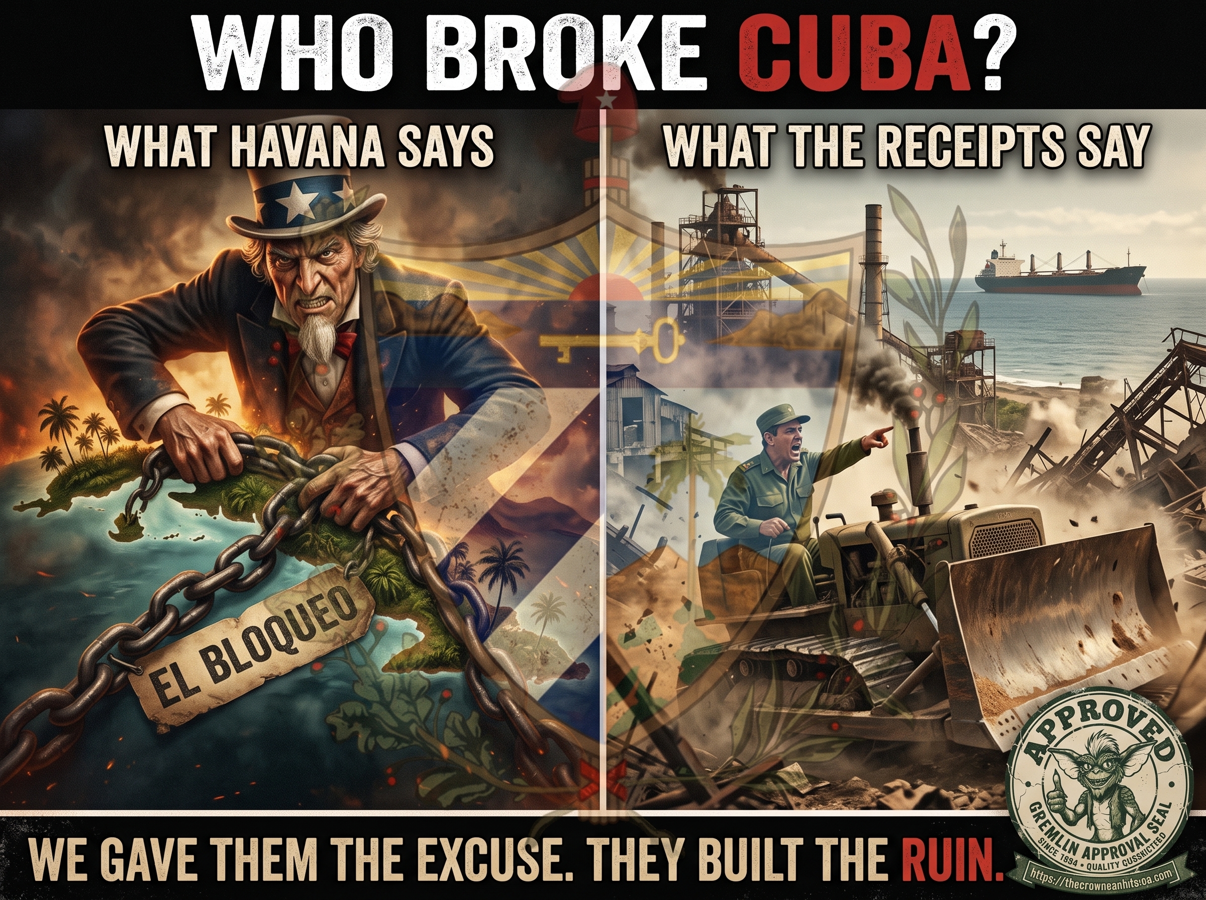 A two-panel meme titled &lsquo;WHO BROKE CUBA?&rsquo; LEFT panel, labeled &lsquo;WHAT HAVANA SAYS,&rsquo; shows Uncle Sam strangling the island with a chain labeled EL BLOQUEO. RIGHT panel, labeled &lsquo;WHAT THE RECEIPTS SAY,&rsquo; shows a Cuban official bulldozing his own sugar mills while blaming the empty freighter on the horizon. Bottom banner reads &lsquo;WE GAVE THEM THE EXCUSE. THEY BUILT THE RUIN.&rsquo; A circular Gremlin Approval Seal from thecrowncanbiteme.com sits in the lower-right corner.