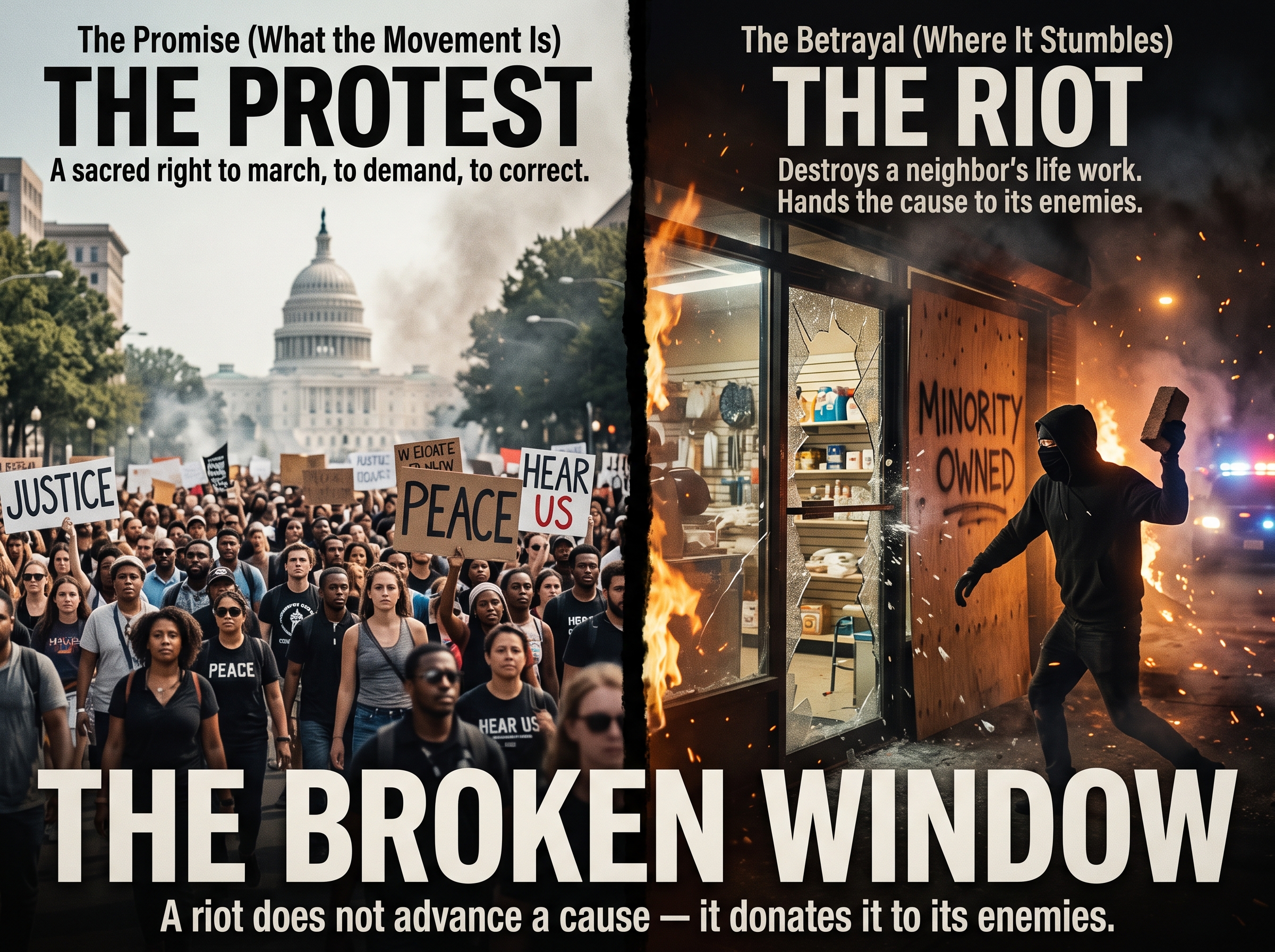 Two-panel split meme titled THE BROKEN WINDOW. LEFT panel, THE PROTEST — 'The Promise (What the Movement Is): A sacred right to march, to demand, to correct' — a peaceful, diverse crowd marching past the U.S. Capitol holding JUSTICE, PEACE, and HEAR US signs. RIGHT panel, THE RIOT — 'The Betrayal (Where It Stumbles): Destroys a neighbor's life work. Hands the cause to its enemies' — a masked figure in black raising a brick to smash the window of a burning shop with MINORITY OWNED spray-painted on the plywood. Bottom banner: 'A riot does not advance a cause — it donates it to its enemies.'