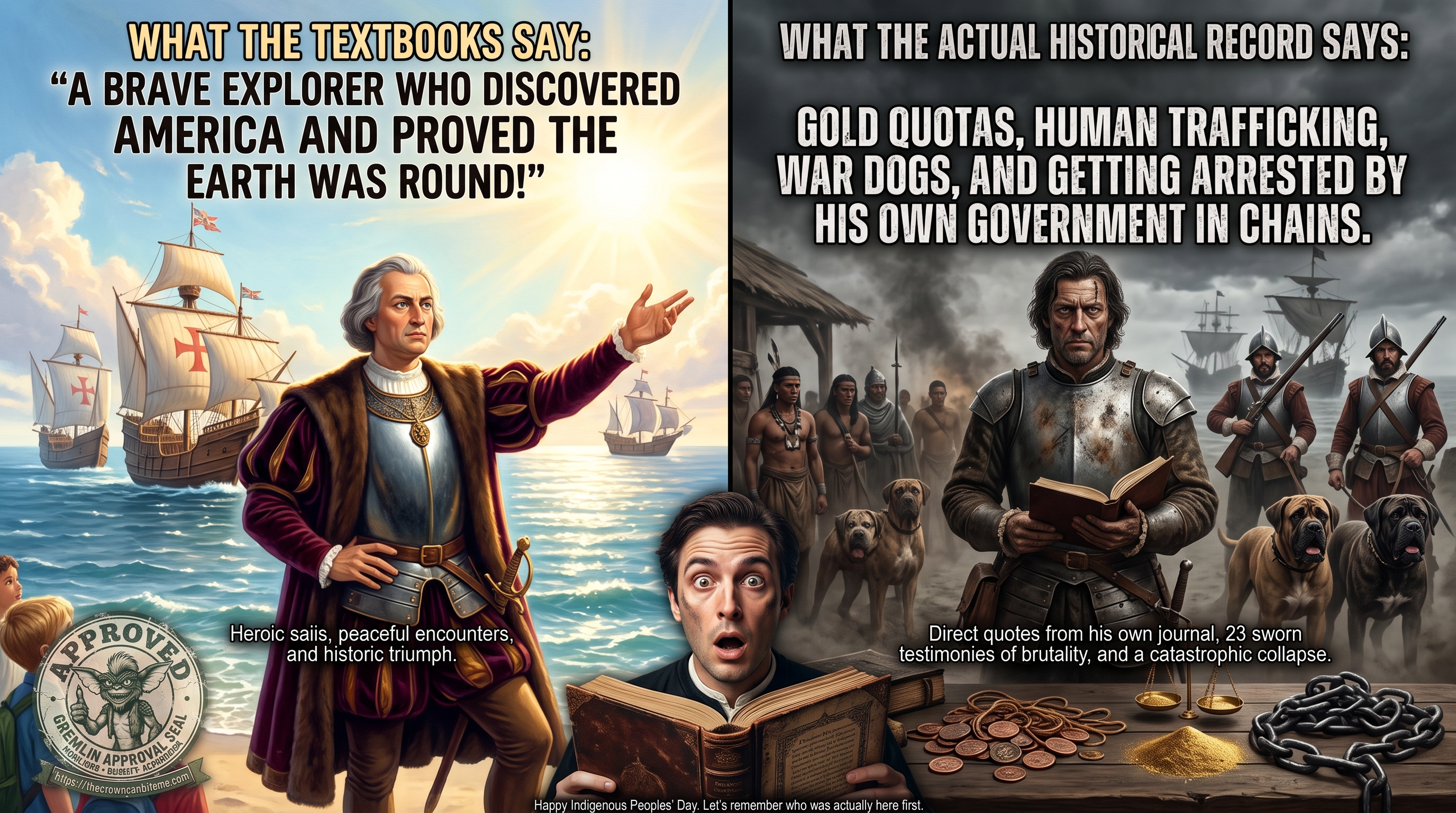 A split-panel graphic. Left side, bright and heroic: &lsquo;WHAT THE TEXTBOOKS SAY: A brave explorer who discovered America and proved the Earth was round!&rsquo; &mdash; Columbus in Renaissance dress points confidently toward the horizon, flanked by sailing ships under a golden sky, with a shocked young man reading a book in the foreground and a &lsquo;GREMLIN APPROVAL SEAL&rsquo; stamp from thecrowncanbiteme.com. Right side, dark and stormy: &lsquo;WHAT THE ACTUAL HISTORICAL RECORD SAYS: Gold quotas, human trafficking, war dogs, and getting arrested by his own government in chains.&rsquo; &mdash; a hardened Columbus in dented armor holds an open ledger beside Indigenous people under guard, war mastiffs, scattered gold coins, a balance scale, and iron chains on a wooden table. Bottom banner: &lsquo;Happy Indigenous Peoples&rsquo; Day. Let&rsquo;s remember who was actually here first.&rsquo;