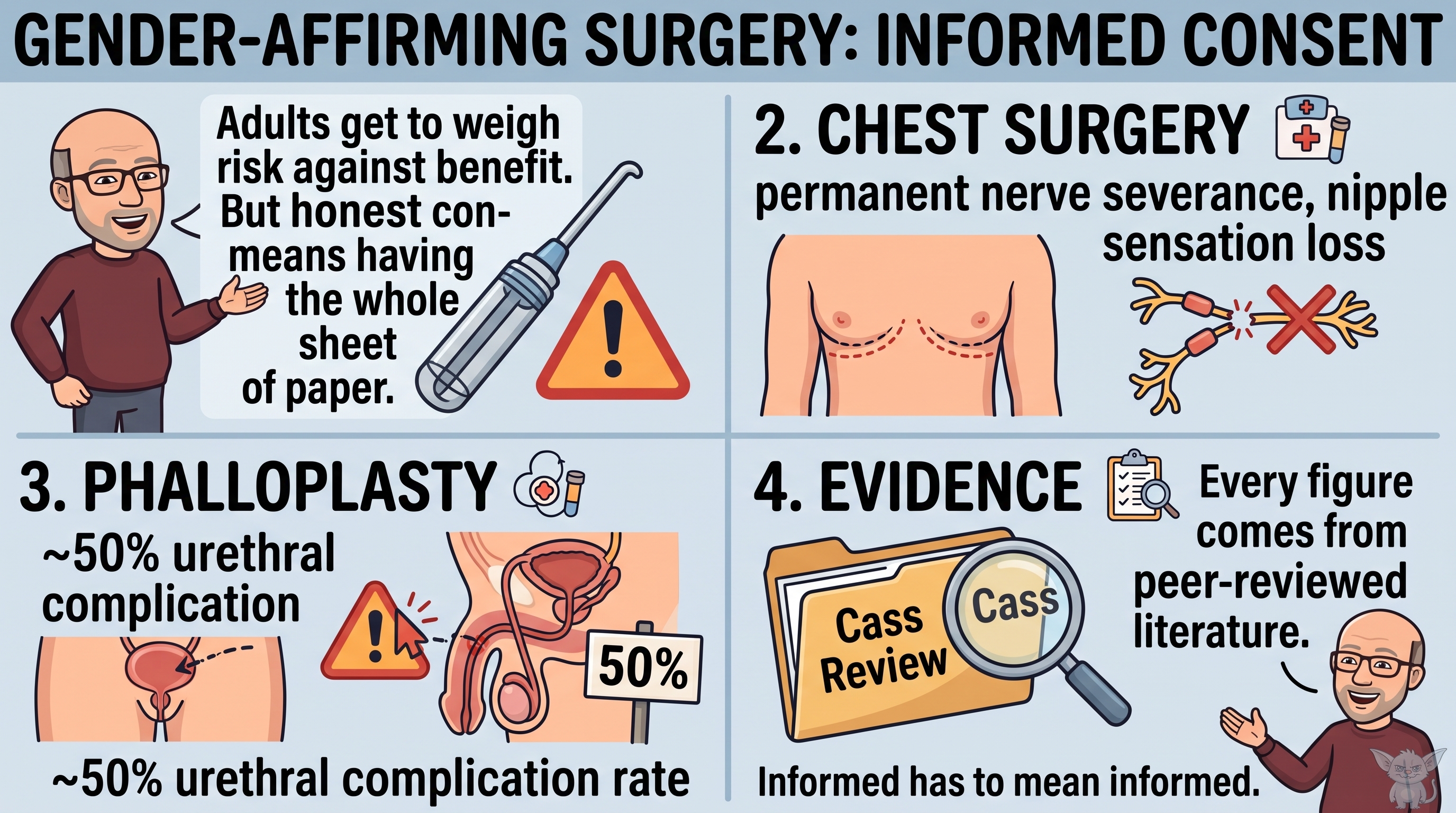 A four-panel infographic titled &lsquo;GENDER-AFFIRMING SURGERY: INFORMED CONSENT.&rsquo; TOP-LEFT: a bearded, bald man in glasses gestures beside a speech bubble reading &lsquo;Adults get to weigh risk against benefit. But honest consent means having the whole sheet of paper,&rsquo; next to a surgical dilator and a yellow warning triangle. TOP-RIGHT, &lsquo;2. CHEST SURGERY&rsquo;: &lsquo;permanent nerve severance, nipple sensation loss,&rsquo; with a torso marked by surgical incision lines and a diagram of a severed nerve struck through with a red X. BOTTOM-LEFT, &lsquo;3. PHALLOPLASTY&rsquo;: &lsquo;~50% urethral complication rate,&rsquo; with a surgical-anatomy diagram, a warning triangle, and a &lsquo;50%&rsquo; sign. BOTTOM-RIGHT, &lsquo;4. EVIDENCE&rsquo;: a manila folder labeled &lsquo;Cass Review&rsquo; under a magnifying glass, with &lsquo;Every figure comes from peer-reviewed literature&rsquo; and the footer &lsquo;Informed has to mean informed.&rsquo; A Gremlin Approval Seal sits in the lower-right corner.