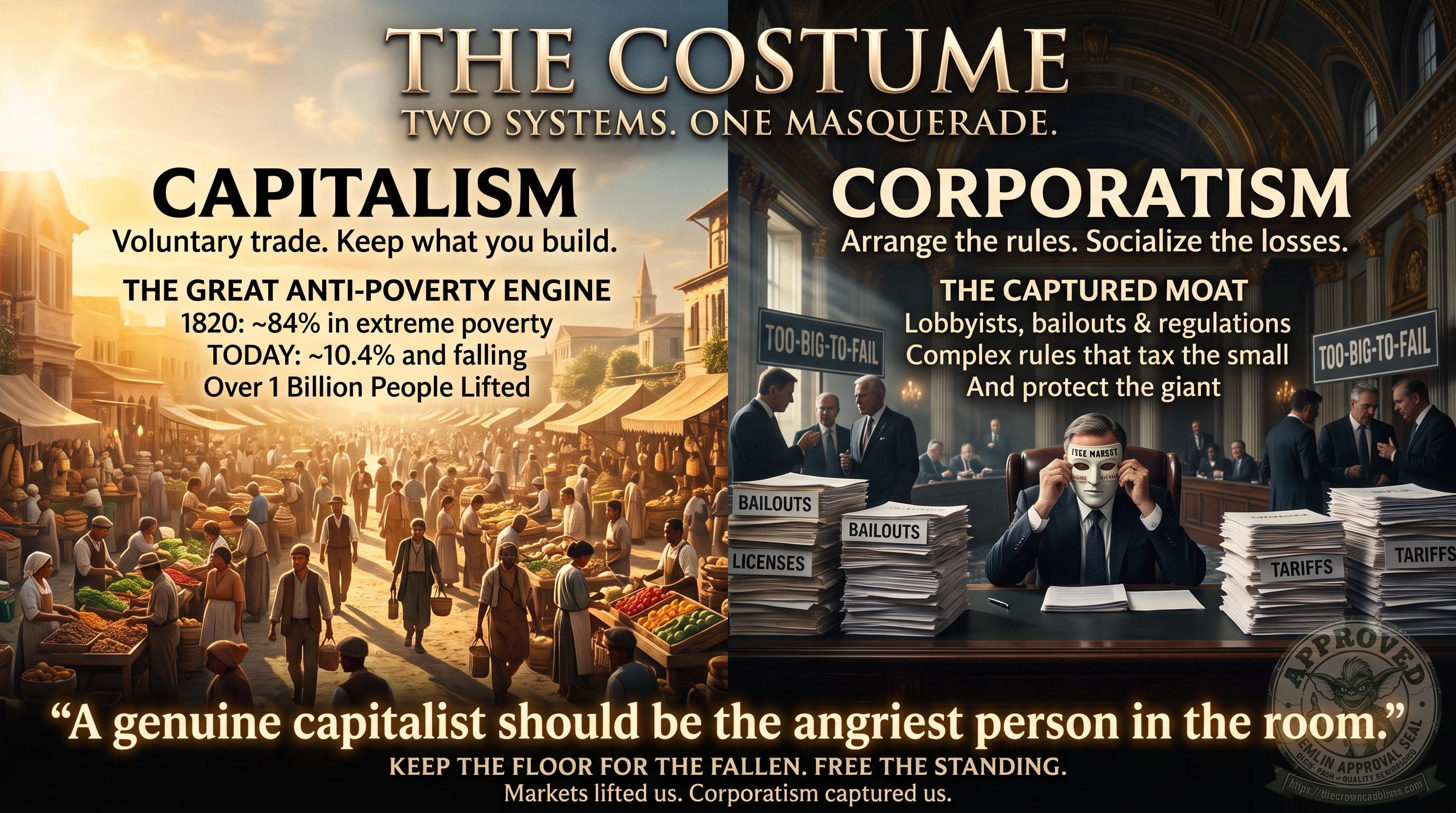 A split-panel graphic headlined &lsquo;THE COSTUME &mdash; TWO SYSTEMS. ONE MASQUERADE.&rsquo; The left half, lit in warm daylight, shows a bustling open-air market of ordinary people trading at fruit and goods stalls, labeled &lsquo;CAPITALISM &mdash; Voluntary trade. Keep what you build,&rsquo; with &lsquo;THE GREAT ANTI-POVERTY ENGINE: 1820: ~84% in extreme poverty / TODAY: ~10.4% and falling / Over 1 Billion People Lifted.&rsquo; The right half, in shadowed marble halls, shows suits conferring behind a desk while a seated man holds a mask to his face; stacks of papers labeled &lsquo;BAILOUTS,&rsquo; &lsquo;LICENSES,&rsquo; and &lsquo;TARIFFS&rsquo; flank him beneath &lsquo;TOO-BIG-TO-FAIL&rsquo; signs, labeled &lsquo;CORPORATISM &mdash; Arrange the rules. Socialize the losses,&rsquo; with &lsquo;THE CAPTURED MOAT: Lobbyists, bailouts & regulations / Complex rules that tax the small / And protect the giant.&rsquo; Across the bottom: &lsquo;A genuine capitalist should be the angriest person in the room. &mdash; KEEP THE FLOOR FOR THE FALLEN. FREE THE STANDING. Markets lifted us. Corporatism captured us.&rsquo; A gremlin &lsquo;Approved&rsquo; seal sits in the lower-right corner.