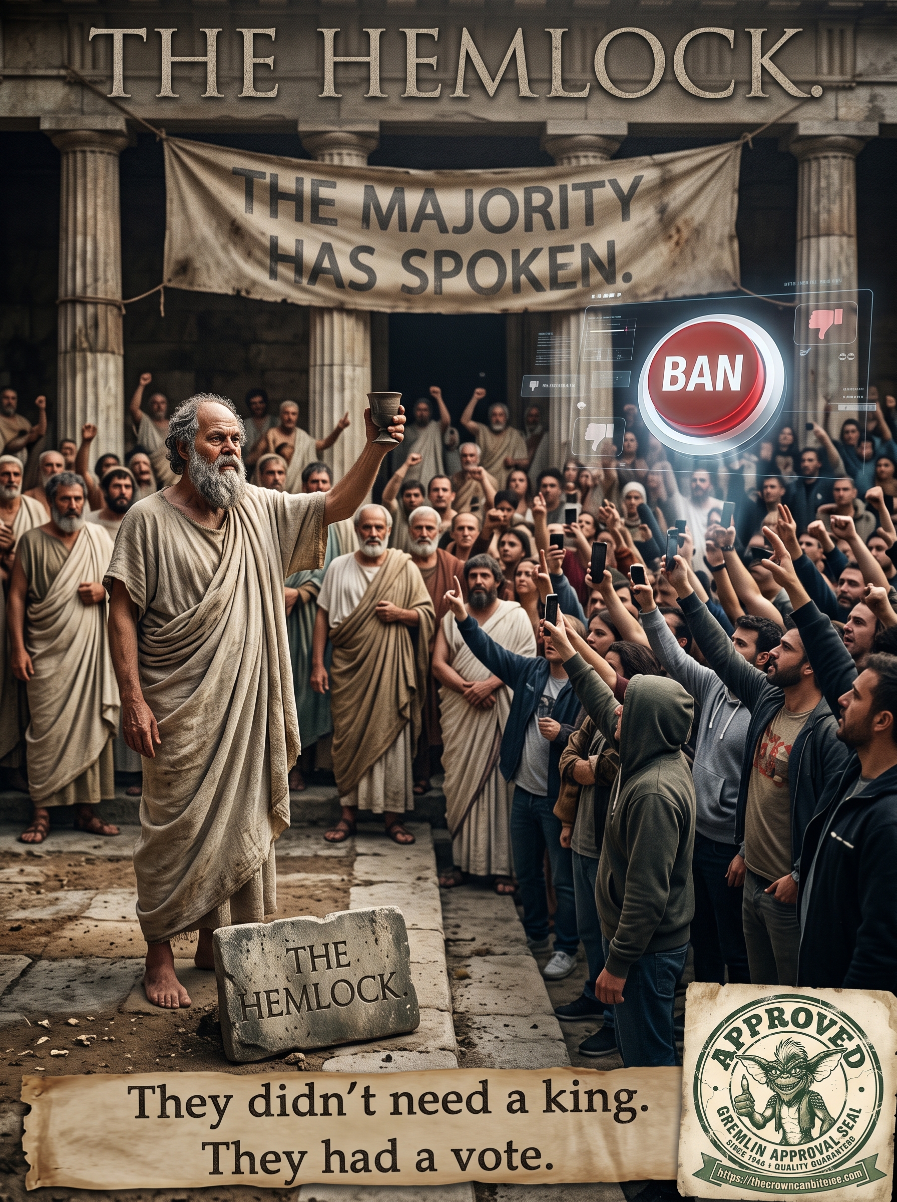 Title &lsquo;THE HEMLOCK.&rsquo; In an Athenian court, a barefoot Socrates calmly holds up a cup of hemlock while a vast jury of toga-clad citizens raises hands to vote against him; above them a banner reads &lsquo;THE MAJORITY HAS SPOKEN.&rsquo; In the background, modern figures with phones raise the same hands under a glowing &lsquo;BAN&rsquo; button. A placard at Socrates&rsquo; feet reads &lsquo;THE HEMLOCK.&rsquo; Bottom banner: &lsquo;They didn&rsquo;t need a king. They had a vote.&rsquo; A Gremlin Approval Seal from thecrowncanbiteme.com sits in the lower-right corner.