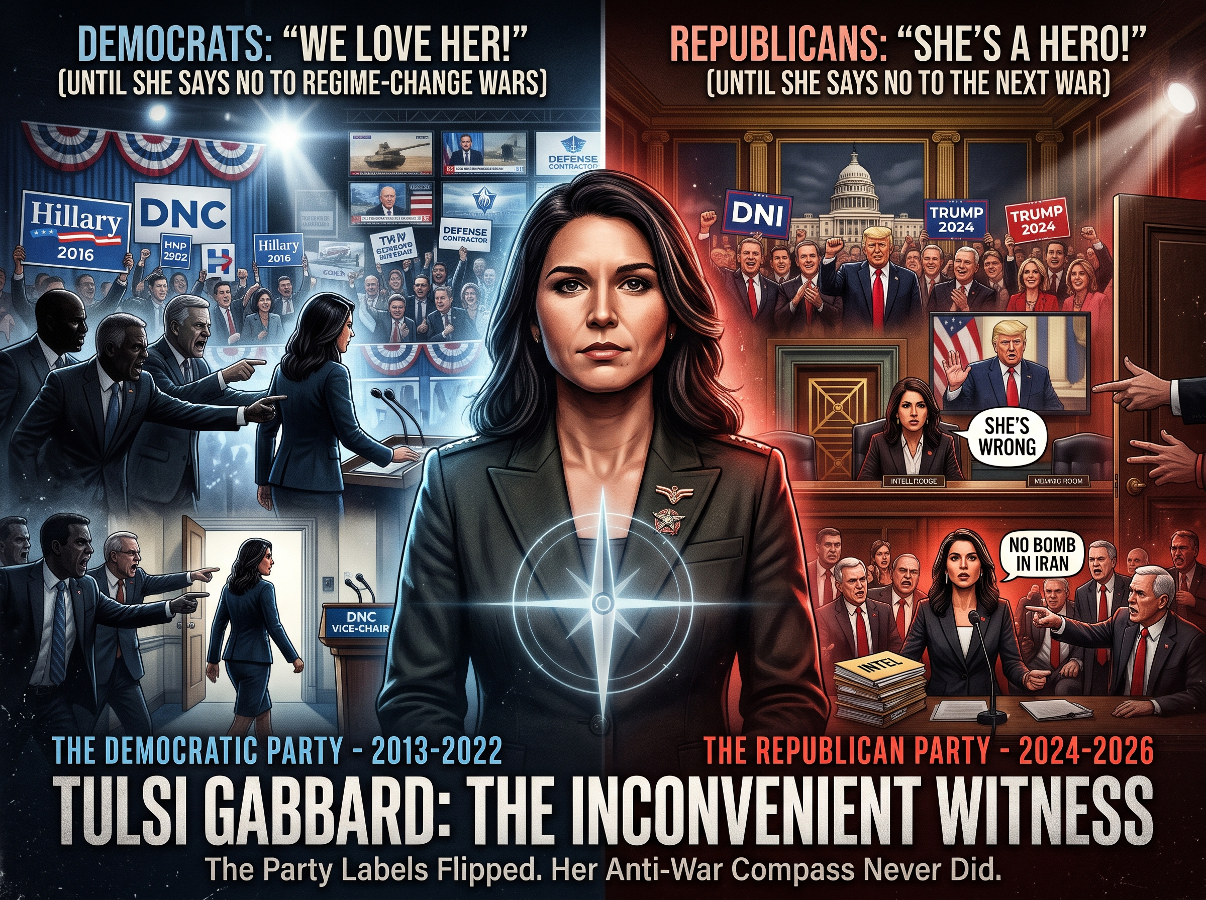 A split-screen graphic titled &lsquo;TULSI GABBARD: THE INCONVENIENT WITNESS &mdash; The Party Labels Flipped. Her Anti-War Compass Never Did.&rsquo; with Gabbard in uniform standing over a glowing compass rose at the center. LEFT half, blue, headed &lsquo;DEMOCRATS: &ldquo;WE LOVE HER!&rdquo; (until she says no to regime-change wars)&rsquo; and labeled &lsquo;THE DEMOCRATIC PARTY &mdash; 2013-2022&rsquo;: Democratic officials point and shout at her beside Hillary 2016 and DNC signs and a &lsquo;DNC VICE-CHAIR&rsquo; podium, as she walks out a door. RIGHT half, red, headed &lsquo;REPUBLICANS: &ldquo;SHE&rsquo;S A HERO!&rdquo; (until she says no to the next war)&rsquo; and labeled &lsquo;THE REPUBLICAN PARTY &mdash; 2024-2026&rsquo;: a Trump 2024 crowd cheers under the Capitol while, in an intel-briefing inset, Trump&rsquo;s image says &lsquo;SHE&rsquo;S WRONG&rsquo; and Gabbard at a hearing with a stack of intel files says &lsquo;NO BOMB IN IRAN&rsquo; as Republican officials point and shout her down.