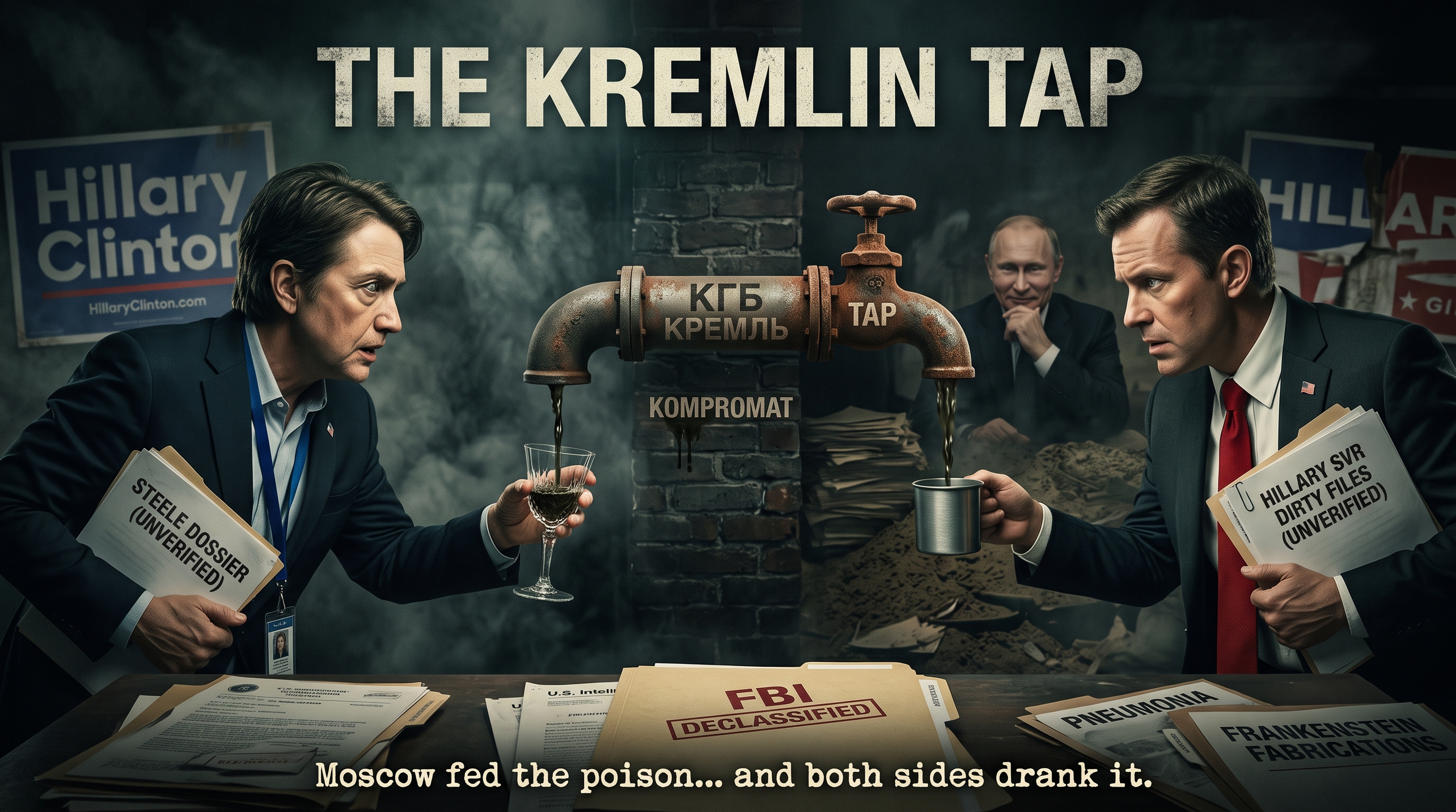 A grimy, cinematic graphic headlined &lsquo;THE KREMLIN TAP.&rsquo; Two men in dark suits face each other across a table in a smoky basement. From a central rusted pipe and faucet &mdash; stenciled &lsquo;КГБ / КРЕМЛЬ / TAP&rsquo; and labeled &lsquo;KOMPROMAT&rsquo; &mdash; black sludge pours into each man&rsquo;s cup. The man on the left clutches a folder reading &lsquo;STEELE DOSSIER (UNVERIFIED)&rsquo;; the man on the right holds one reading &lsquo;HILLARY SVR DIRTY FILES (UNVERIFIED).&rsquo; Vladimir Putin sits smiling in the shadows between them. Hillary Clinton campaign signs flank both sides. On the table in front lie scattered files stamped &lsquo;FBI DECLASSIFIED,&rsquo; &lsquo;PNEUMONIA,&rsquo; and &lsquo;FRANKENSTEIN FABRICATIONS.&rsquo; A bottom banner reads &lsquo;Moscow fed the poison&hellip; and both sides drank it.&rsquo;