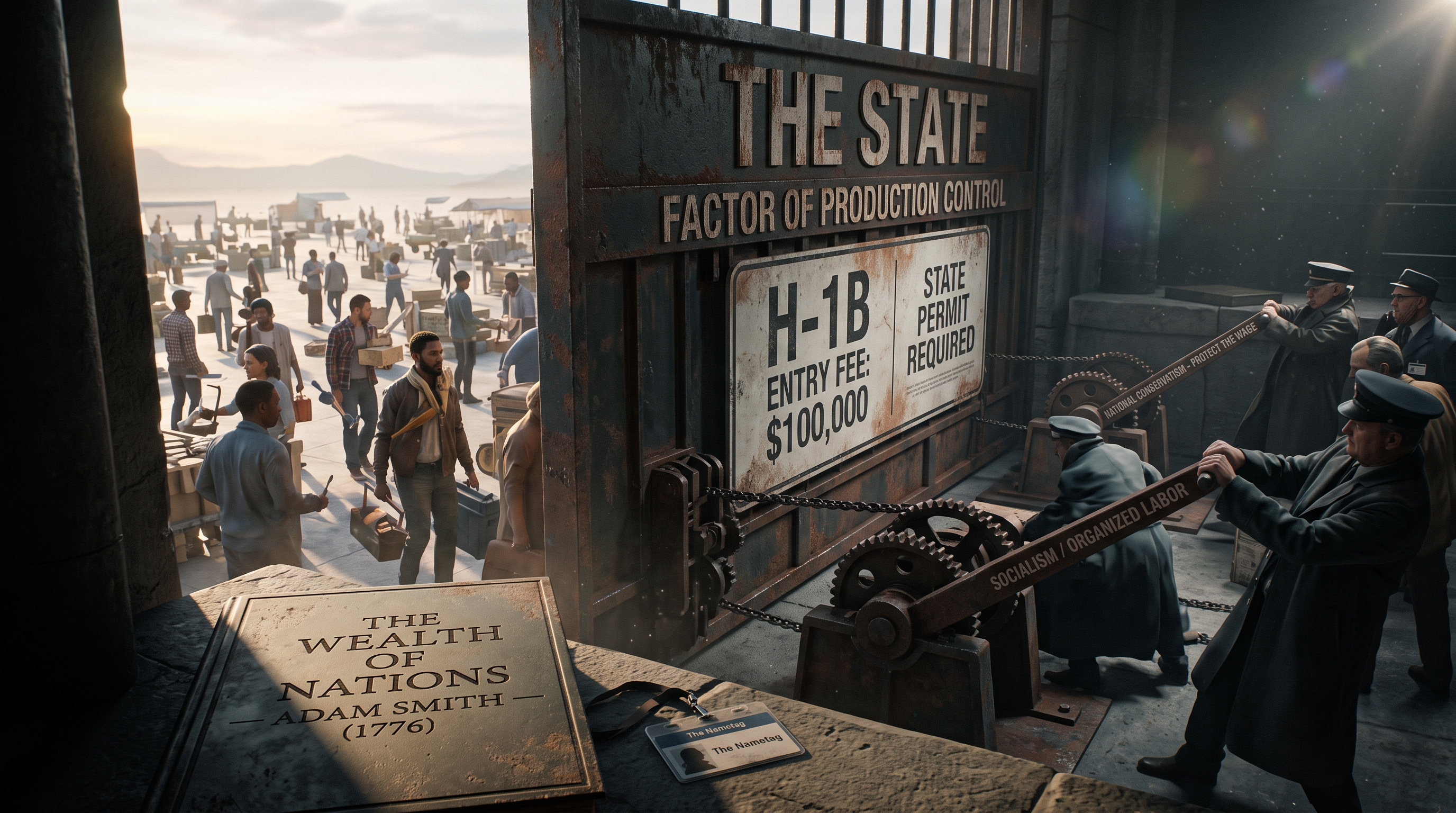 A cinematic graphic of a massive rusted iron gate labeled &lsquo;THE STATE &mdash; FACTOR OF PRODUCTION CONTROL.&rsquo; Bolted to the gate, a weathered sign reads &lsquo;H-1B &mdash; ENTRY FEE: $100,000&rsquo; and &lsquo;STATE PERMIT REQUIRED.&rsquo; On the left, in bright daylight, a crowded open-air market of ordinary working people carries tools and crates toward the gate. On the right, in shadow, uniformed officials crank two giant levers that drive the gears chaining the gate shut &mdash; one lever stamped &lsquo;NATIONAL CONSERVATISM &mdash; PROTECT THE WAGE,&rsquo; the other &lsquo;SOCIALISM / ORGANIZED LABOR&rsquo; &mdash; both turning the same mechanism. In the foreground, a toppled stone plaque reads &lsquo;THE WEALTH OF NATIONS &mdash; ADAM SMITH (1776),&rsquo; and beside it lies a lanyard ID badge reading &lsquo;THE NAMETAG.&rsquo;