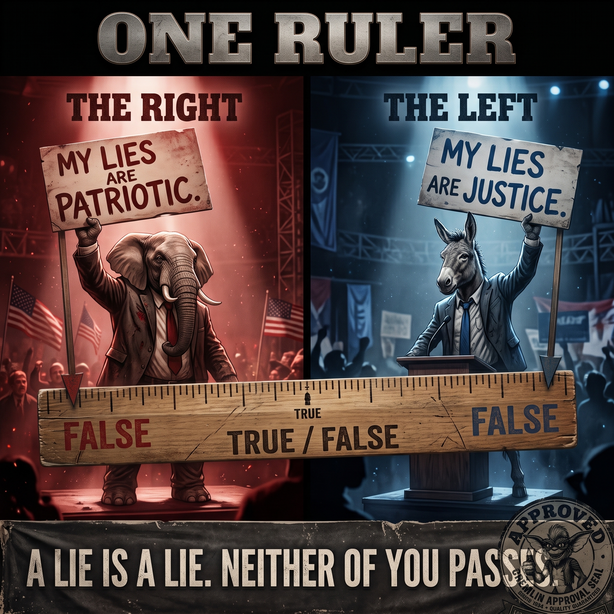 A two-panel meme titled &lsquo;ONE RULER.&rsquo; LEFT panel, tinted red and labeled &lsquo;THE RIGHT,&rsquo; shows an elephant proudly holding up a sign reading &lsquo;MY LIES ARE PATRIOTIC.&rsquo; RIGHT panel, tinted blue and labeled &lsquo;THE LEFT,&rsquo; shows a donkey proudly holding up a sign reading &lsquo;MY LIES ARE JUSTICE.&rsquo; Running straight across both panels is a single wooden measuring ruler stamped &lsquo;TRUE / FALSE,&rsquo; with both signs falling on the FALSE side. Bottom banner reads &lsquo;A LIE IS A LIE. NEITHER OF YOU PASSES.&rsquo; A circular Gremlin Approval Seal from thecrowncanbiteme.com sits in the lower-right corner.