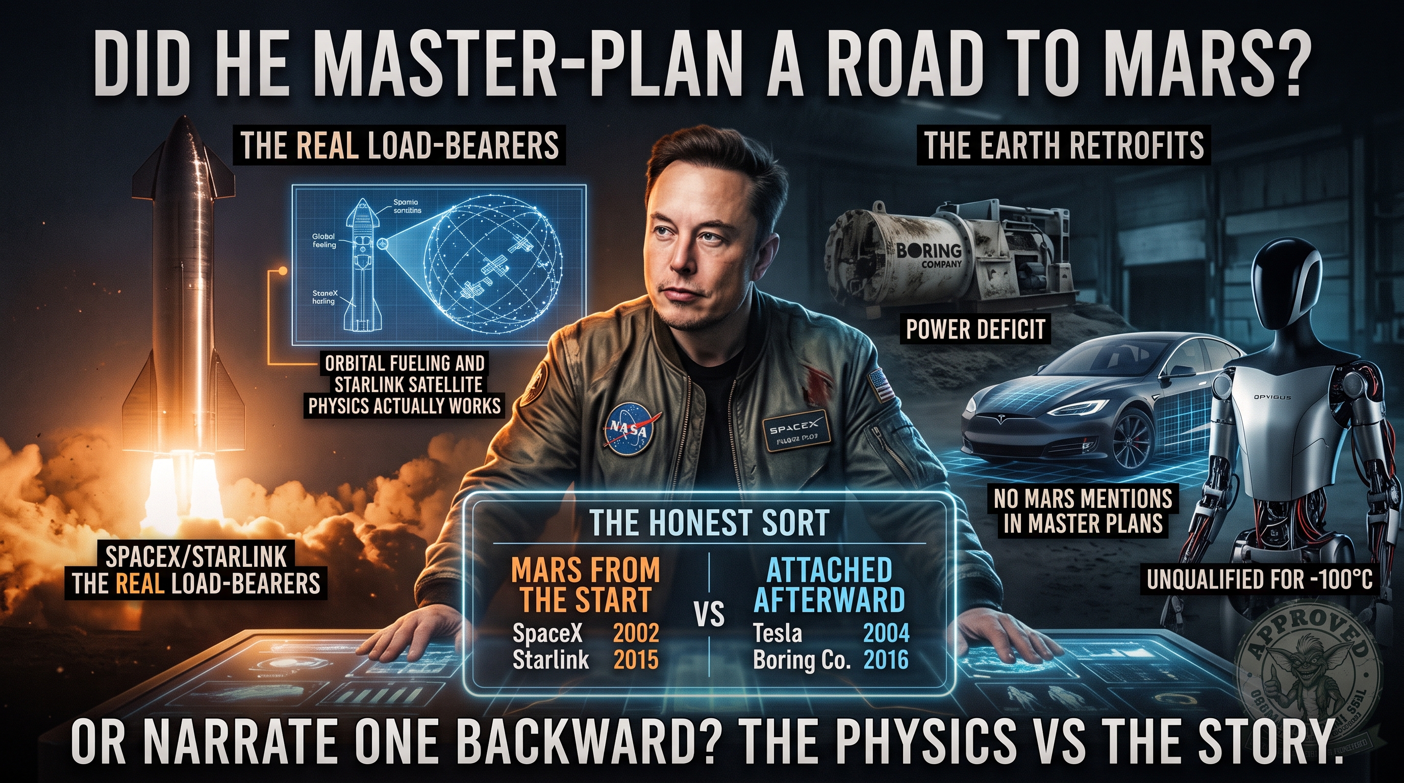 A dark, cinematic graphic headlined &lsquo;DID HE MASTER-PLAN A ROAD TO MARS?&rsquo; with the bottom banner &lsquo;OR NARRATE ONE BACKWARD? THE PHYSICS VS THE STORY.&rsquo; Elon Musk stands center in a flight jacket behind a glowing holographic table. On the left, a Starship lifts off beside a blueprint panel labeled &lsquo;ORBITAL FUELING AND STARLINK SATELLITE PHYSICS ACTUALLY WORKS,&rsquo; under the heading &lsquo;THE REAL LOAD-BEARERS,&rsquo; with a caption reading &lsquo;SPACEX/STARLINK THE REAL LOAD-BEARERS.&rsquo; On the right, under &lsquo;THE EARTH RETROFITS,&rsquo; a Boring Company tunnel-boring machine is tagged &lsquo;POWER DEFICIT,&rsquo; a Tesla sedan and an Optimus humanoid robot are tagged &lsquo;NO MARS MENTIONS IN MASTER PLANS&rsquo; and &lsquo;UNQUALIFIED FOR -100&deg;C.&rsquo; A center panel titled &lsquo;THE HONEST SORT&rsquo; splits the ventures into two columns: &lsquo;MARS FROM THE START &mdash; SpaceX 2002, Starlink 2015&rsquo; versus &lsquo;ATTACHED AFTERWARD &mdash; Tesla 2004, Boring Co. 2016.&rsquo;
