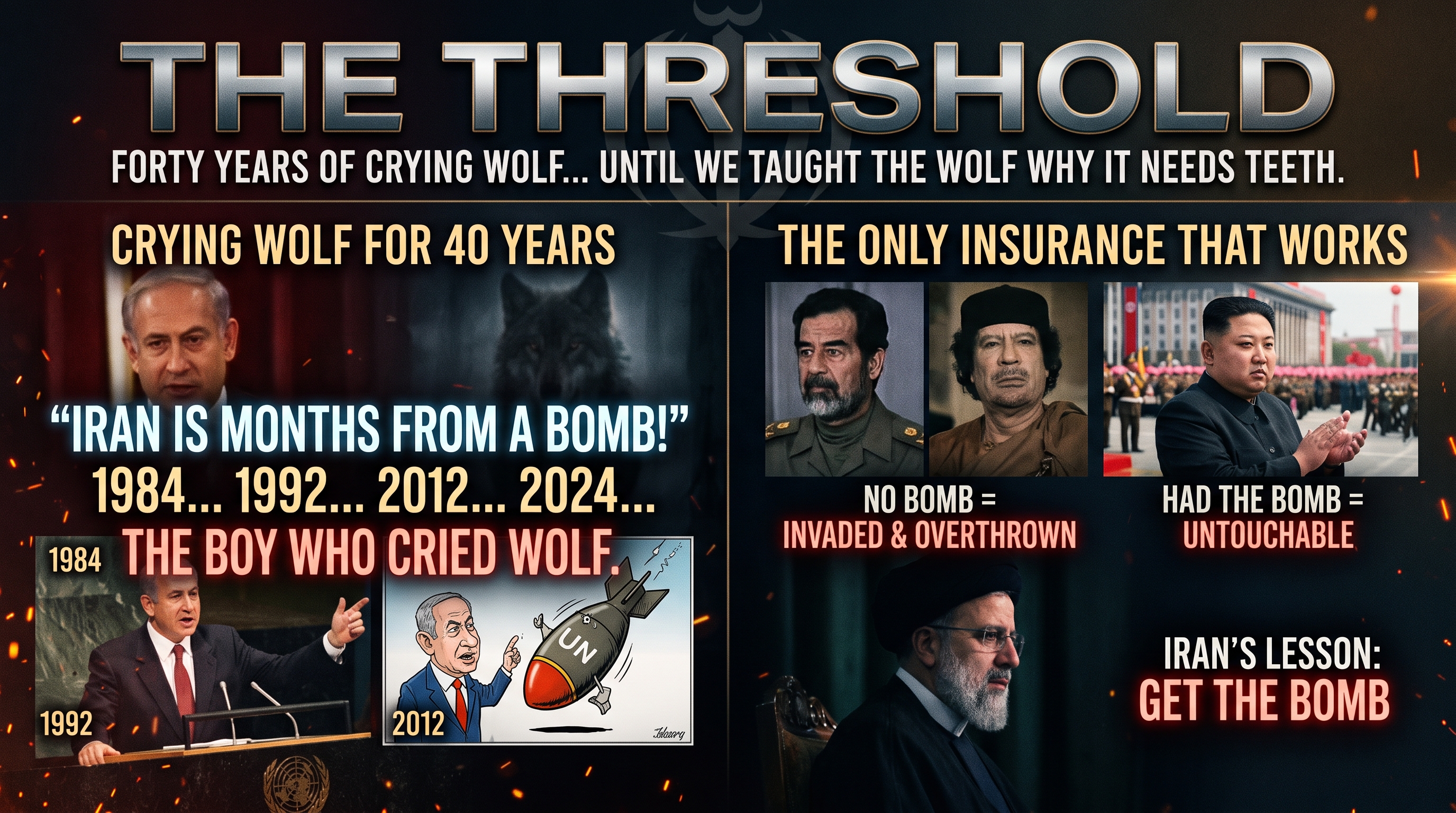 THE THRESHOLD — Forty years of crying wolf, until we taught the wolf why it needs teeth. Left: Netanyahu and the 'Iran is months from a bomb' claim repeated in 1984, 1992, 2012, 2024 — the boy who cried wolf. Right: Saddam and Qaddafi, who had no bomb and were invaded and overthrown, versus Kim Jong Un, who had the bomb and stayed untouchable — Iran's lesson: get the bomb.