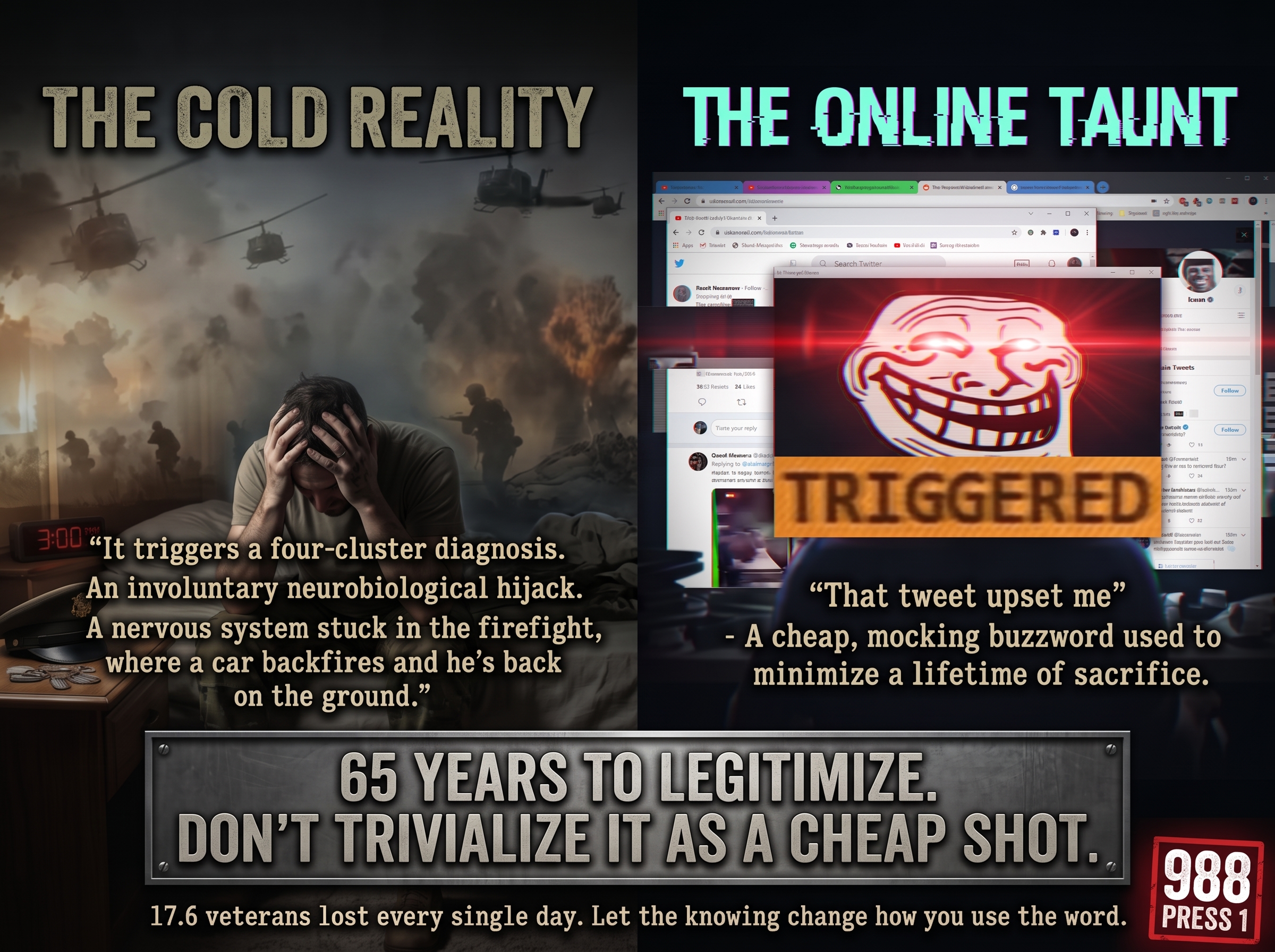 A split-panel infographic contrasting two meanings of &lsquo;triggered.&rsquo; LEFT, &lsquo;THE COLD REALITY&rsquo;: a soldier sits on a bed with his head in his hands, a bedside clock reading 3:00, combat helicopters and a firefight ghosted behind him; the caption reads &lsquo;It triggers a four-cluster diagnosis. An involuntary neurobiological hijack. A nervous system stuck in the firefight, where a car backfires and he&rsquo;s back on the ground.&rsquo; RIGHT, &lsquo;THE ONLINE TAUNT&rsquo;: a glitchy red-eyed troll-face meme stamped &lsquo;TRIGGERED&rsquo; over a cluster of social-media windows; the caption reads &lsquo;That tweet upset me &mdash; a cheap, mocking buzzword used to minimize a lifetime of sacrifice.&rsquo; A metal plate across the bottom reads &lsquo;65 YEARS TO LEGITIMIZE. DON&rsquo;T TRIVIALIZE IT AS A CHEAP SHOT,&rsquo; beside a &lsquo;988 PRESS 1&rsquo; crisis-line badge. Footer: &lsquo;17.6 veterans lost every single day. Let the knowing change how you use the word.&rsquo;