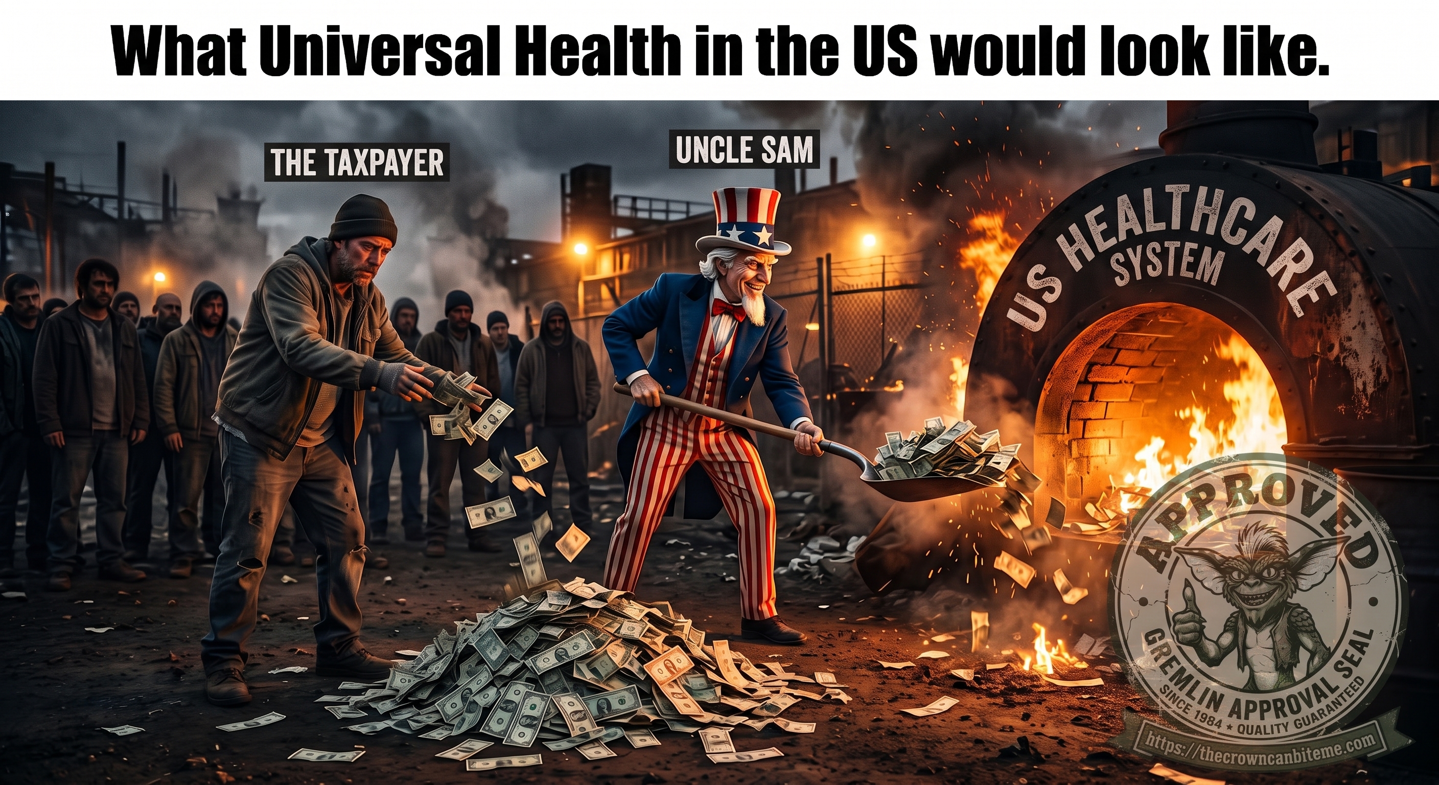 Meme titled &lsquo;What Universal Health in the US would look like&rsquo; — a taxpayer hands over fistfuls of cash while a grinning Uncle Sam shovels the money straight into a brick furnace labeled &lsquo;US Healthcare System,&rsquo; stamped with a Gremlin &lsquo;Approved&rsquo; seal. A line of people waits behind them.