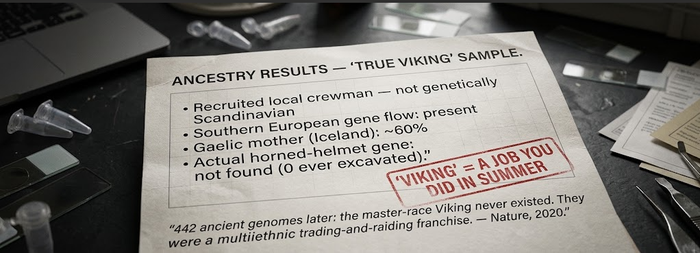 A photorealistic mock DNA-test lab report lying on a dark laboratory bench among sample tubes, microscope slides and tweezers. The printed page is headed &lsquo;ANCESTRY RESULTS &mdash; &lsquo;TRUE VIKING&rsquo; SAMPLE.&rsquo; The bulleted breakdown reads: &lsquo;Recruited local crewman &mdash; not genetically Scandinavian,&rsquo; &lsquo;Southern European gene flow: present,&rsquo; &lsquo;Gaelic mother (Iceland): ~60%,&rsquo; &lsquo;Actual horned-helmet gene: not found (0 ever excavated).&rsquo; A red stamp across the lower-right corner reads &lsquo;&lsquo;VIKING&rsquo; = A JOB YOU DID IN SUMMER.&rsquo; Footer line: &lsquo;442 ancient genomes later: the master-race Viking never existed. They were a multiethnic trading-and-raiding franchise. &mdash; Nature, 2020.&rsquo;