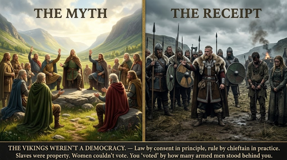 A split cinematic graphic. LEFT panel, labeled &lsquo;THE MYTH&rsquo;: a sunlit green valley where a ring of free men in simple tunics vote peacefully at an open-air assembly, hands raised, idealized like a 19th-century history painting. RIGHT panel, labeled &lsquo;THE RECEIPT&rsquo;: under a gray storm sky, one rich chieftain in fine furs stands front and center flanked by a wall of his own armed, helmeted warriors with spears and shields, while a shackled, bowed slave and a silent woman stand off to the side, excluded, a village burning behind them. A gold center seam divides the two halves. Bottom caption: &lsquo;THE VIKINGS WEREN&rsquo;T A DEMOCRACY. &mdash; Law by consent in principle, rule by chieftain in practice. Slaves were property. Women couldn&rsquo;t vote. You &lsquo;voted&rsquo; by how many armed men stood behind you.&rsquo;