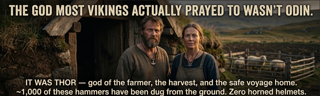 A cinematic, reverent photograph of a Viking-age farming couple, not warriors. A weathered man and woman in simple undyed wool stand side by side at the door of a turf-roofed longhouse at dusk, a small iron Thor&rsquo;s-hammer pendant at each of their throats, a plowed field, a stone fence and a few sheep behind them under a soft golden northern sky. No swords, no horns. Top caption: &lsquo;THE GOD MOST VIKINGS ACTUALLY PRAYED TO WASN&rsquo;T ODIN.&rsquo; Bottom caption: &lsquo;IT WAS THOR &mdash; god of the farmer, the harvest, and the safe voyage home. ~1,000 of these hammers have been dug from the ground. Zero horned helmets.&rsquo;