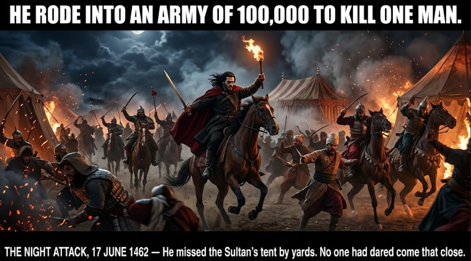 A sweeping, cinematic night-battle scene. A thunder of Wallachian horsemen led by Vlad &mdash; dark hair streaming, red cloak, torch in one hand and sword in the other &mdash; crashing through a vast Ottoman war-camp at midnight: tents collapsing, embers and sparks flying, horses rearing, janissaries scrambling half-dressed in panic, the great striped sultan&rsquo;s pavilion looming in the smoke just ahead and just out of reach. Moonlight and firelight fight across the chaos. Top caption: &lsquo;HE RODE INTO AN ARMY OF 100,000 TO KILL ONE MAN.&rsquo; Bottom caption: &lsquo;THE NIGHT ATTACK, 17 JUNE 1462 &mdash; He missed the Sultan&rsquo;s tent by yards. No one had dared come that close.&rsquo;