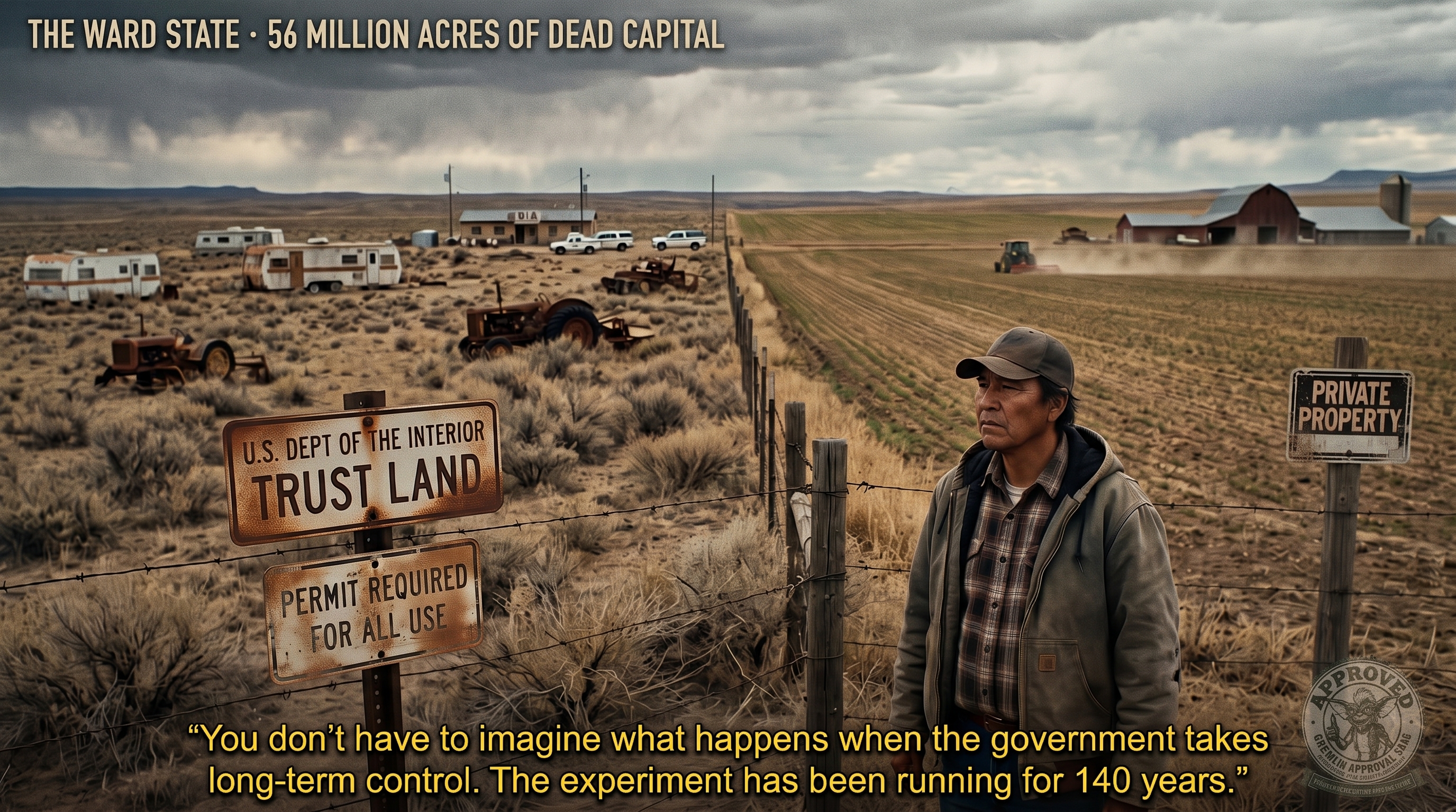 Split-landscape photo captioned &lsquo;THE WARD STATE &middot; 56 MILLION ACRES OF DEAD CAPITAL.&rsquo; On the left, federal trust land: scrub prairie dotted with battered trailers, rusting derelict tractors, and a small BIA building, fenced off by barbed wire with a U.S. Dept. of the Interior sign reading &lsquo;TRUST LAND &mdash; PERMIT REQUIRED FOR ALL USE.&rsquo; On the right of the same fence line, fee-simple land: a plowed, productive field with a working tractor throwing dust, a red barn and silo, and a &lsquo;PRIVATE PROPERTY&rsquo; sign. A Native man in a ball cap and work jacket stands at the fence between the two. Bottom caption: &lsquo;You don&rsquo;t have to imagine what happens when the government takes long-term control. The experiment has been running for 140 years.&rsquo; Stamped with a Gremlin &lsquo;Approved&rsquo; seal.