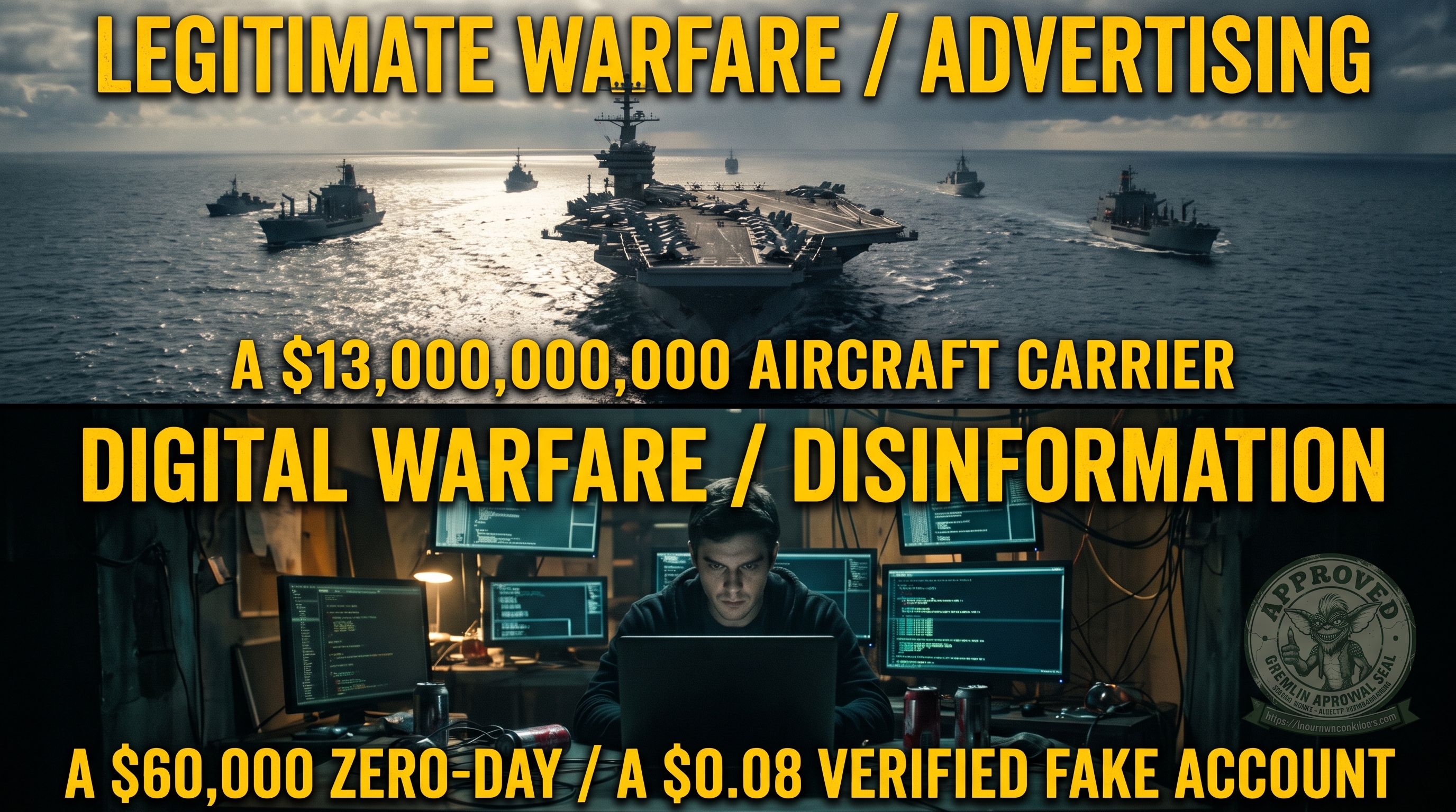 A split-panel graphic contrasting two forms of power. Top half, labeled &lsquo;LEGITIMATE WARFARE / ADVERTISING,&rsquo; shows a $13,000,000,000 aircraft carrier in a naval battle group under stormy skies &mdash; destroyers and support ships flanking it in open ocean. Bottom half, labeled &lsquo;DIGITAL WARFARE / DISINFORMATION,&rsquo; shows a lone hacker at a laptop surrounded by glowing monitors in a dark room. Bottom banner reads &lsquo;A $60,000 ZERO-DAY / A $0.08 VERIFIED FAKE ACCOUNT.&rsquo; A &lsquo;Gremlin Approval Seal&rsquo; stamp from thecrowncanbiteme.com sits in the lower-right corner.